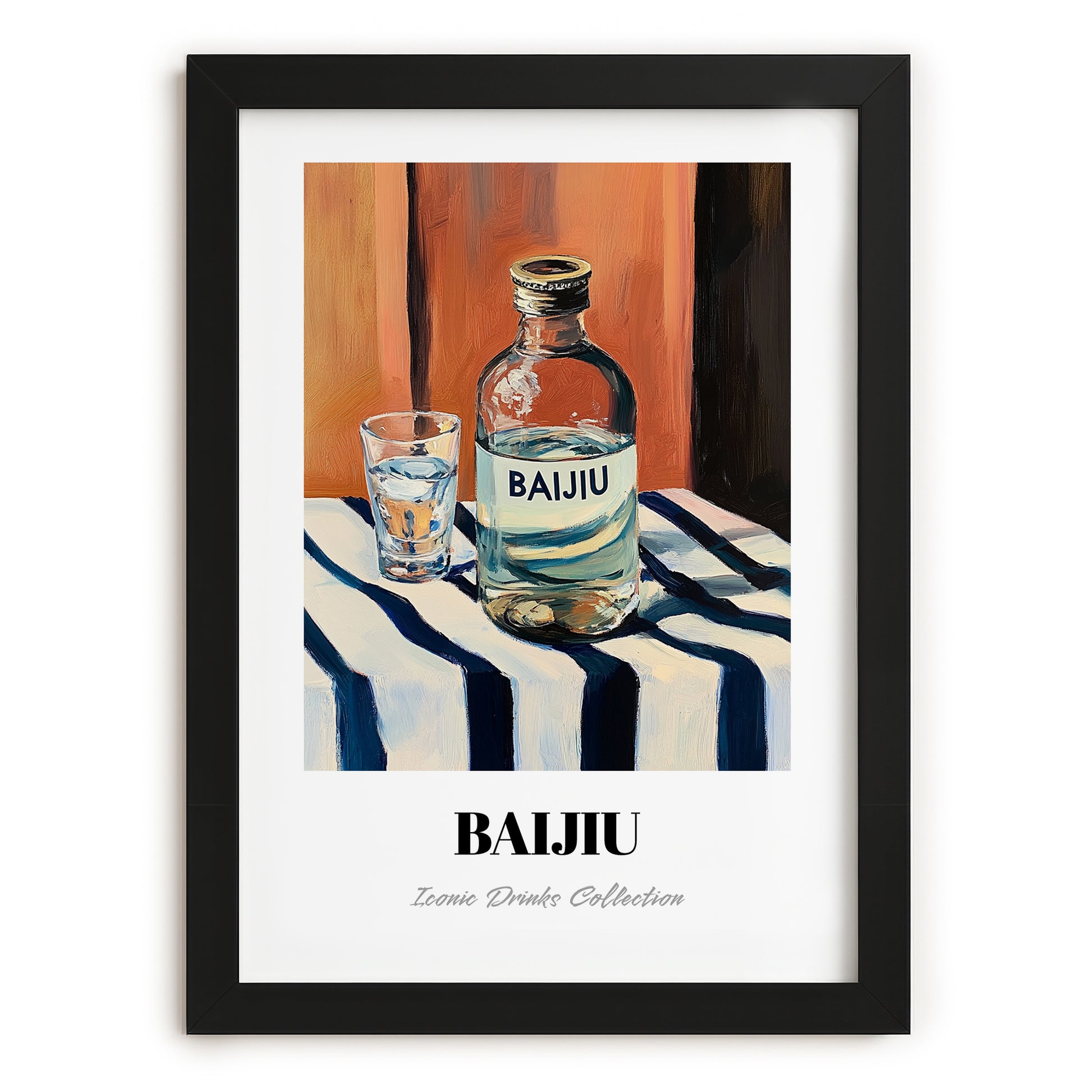 Pu-erh Tea – on Striped Tablecloth, Chinese Spirit Painting, in sleek black frame