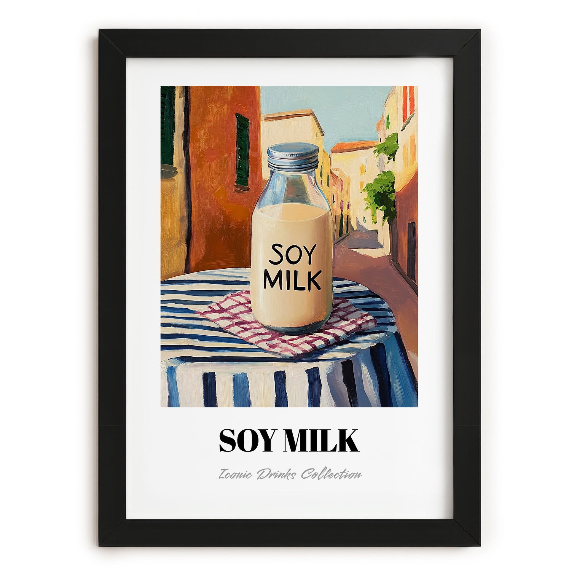 Soy Milk – Chinese Outdoor Café Scene, Chinese Spirit Wall Art, in sleek black frame