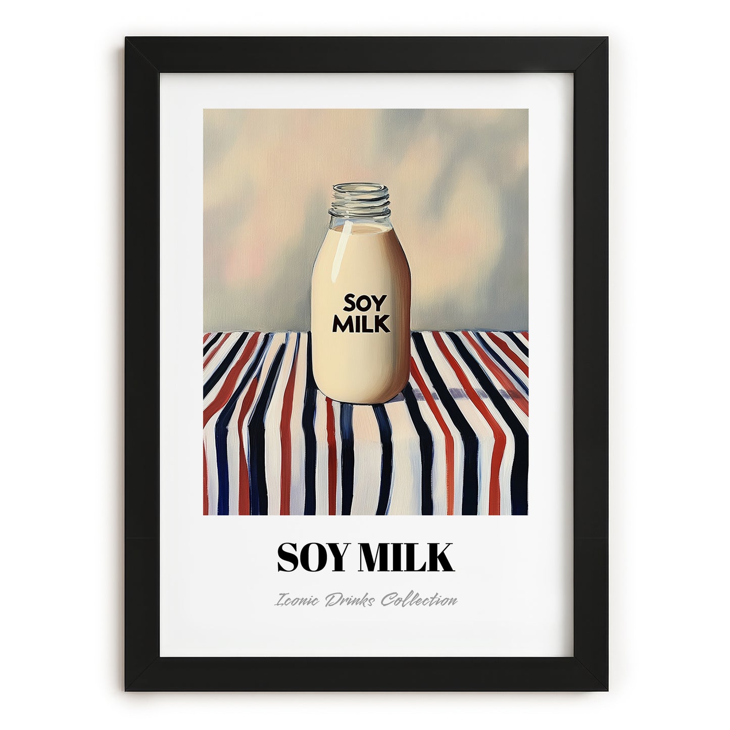 Soy Milk – on Striped Tablecloth, Chinese Beverage Illustration, in sleek black frame