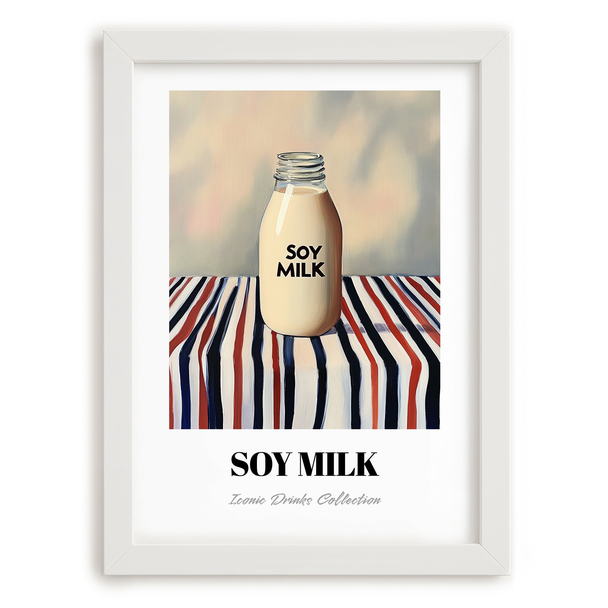 Soy Milk – on Striped Tablecloth, Chinese Beverage Illustration, placed in minimal white frame