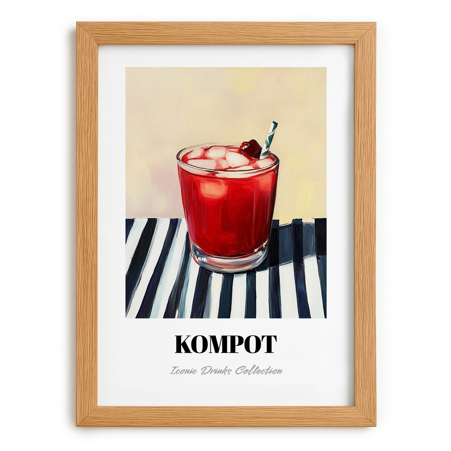 Kompot – on Striped Tablecloth, Polish Beverage Wall Decor, set in oak frame