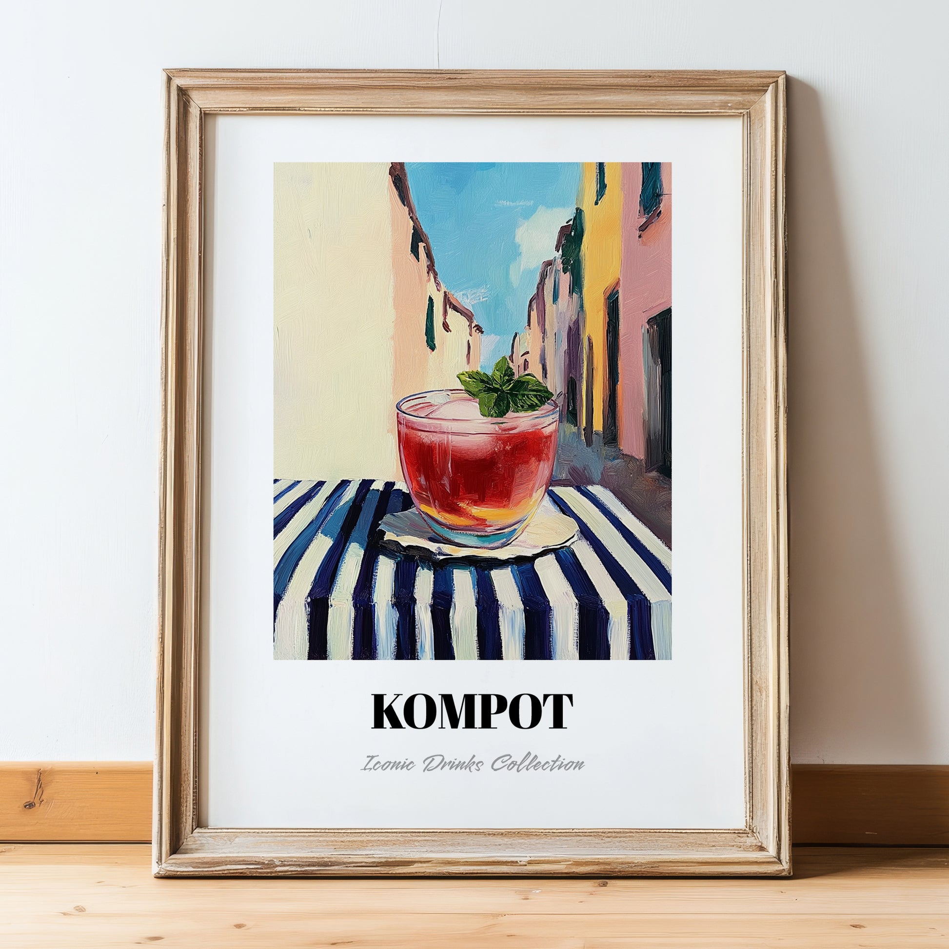 Kompot – Polish Street Café Scene, Polish Beverage Wall Decor, in wooden frame leaning on the floor