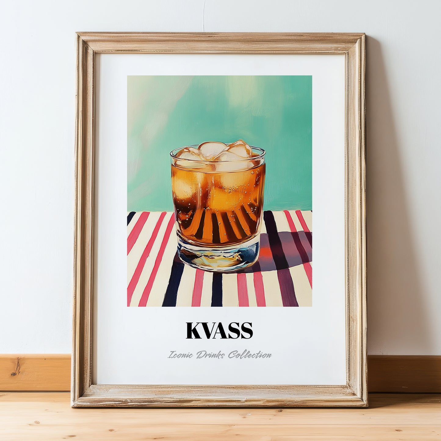 Kvass – on Striped Tablecloth, Polish Beverage Illustration, in wooden frame leaning on the floor