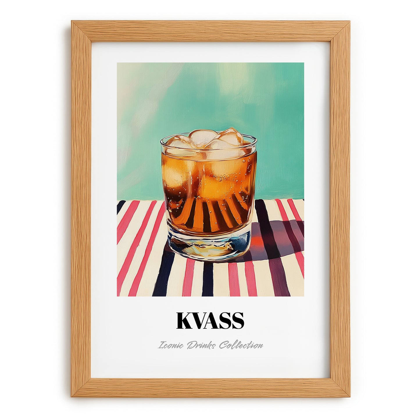 Kvass – on Striped Tablecloth, Polish Beverage Illustration, set in oak frame