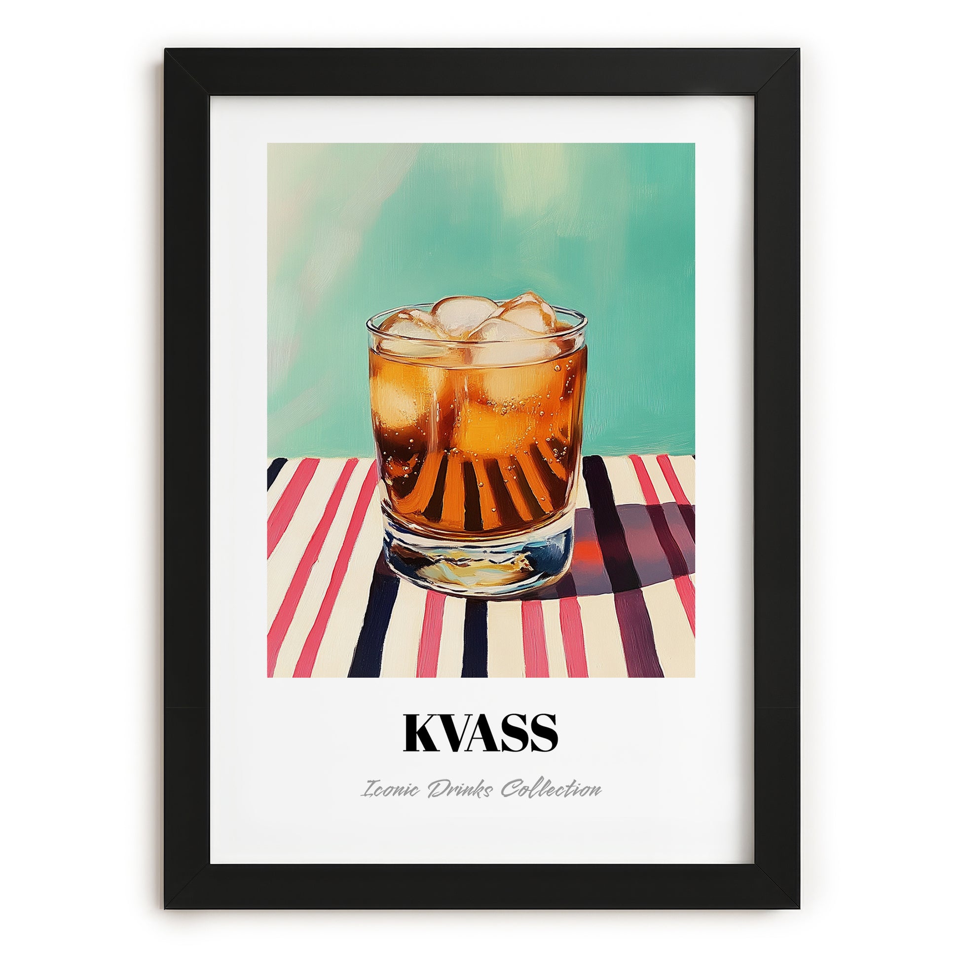 Kvass – on Striped Tablecloth, Polish Beverage Illustration, in sleek black frame