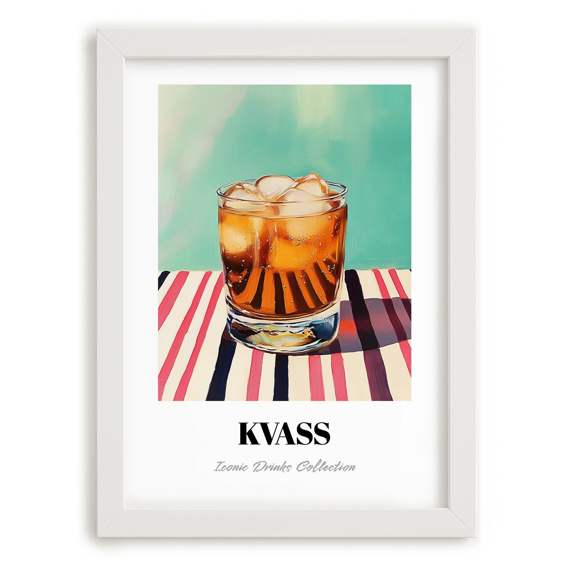 Kvass – on Striped Tablecloth, Polish Beverage Illustration, placed in minimal white frame
