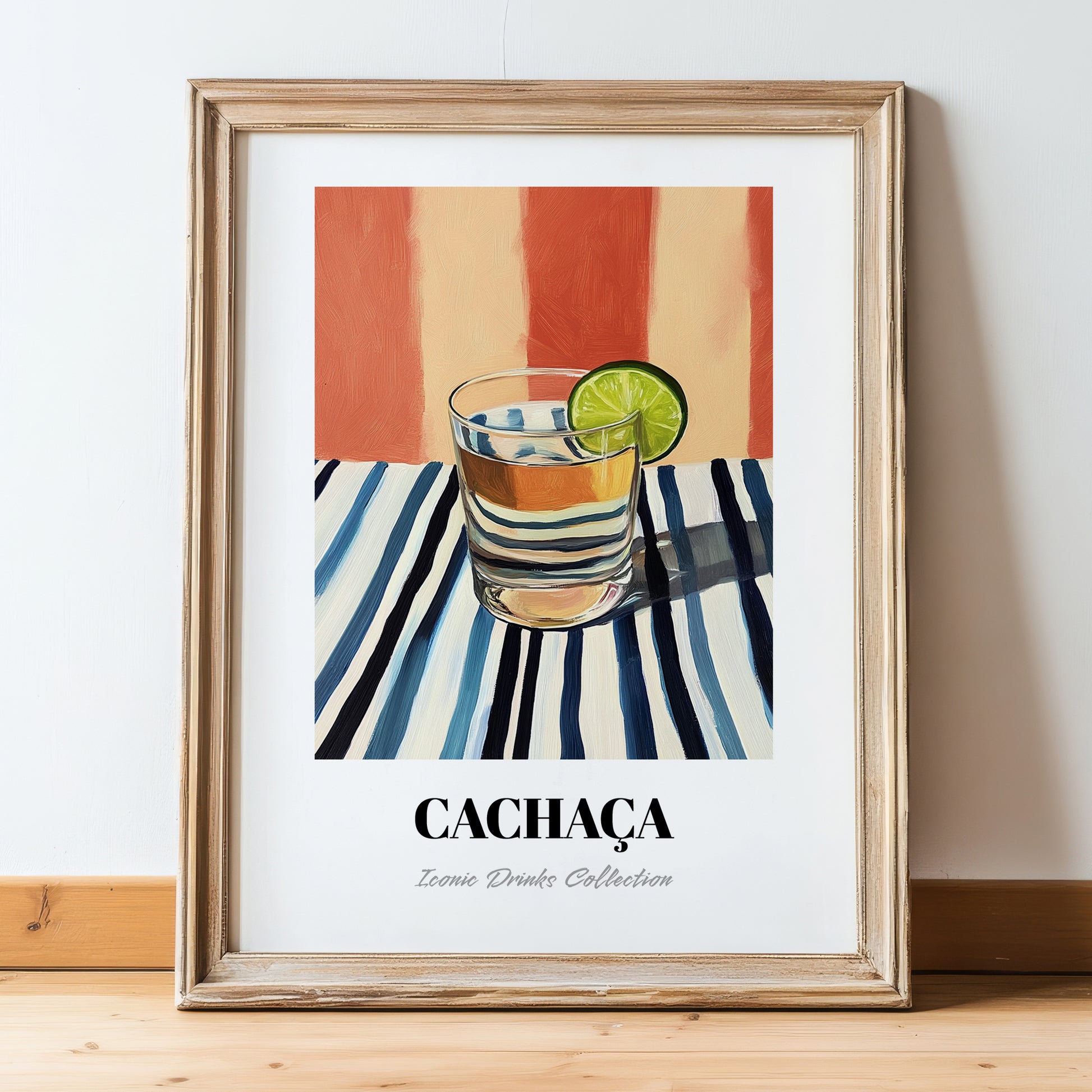 Cachaça – on Striped Tablecloth, Brazilian Beverage Wall Decor, in wooden frame leaning on the floor