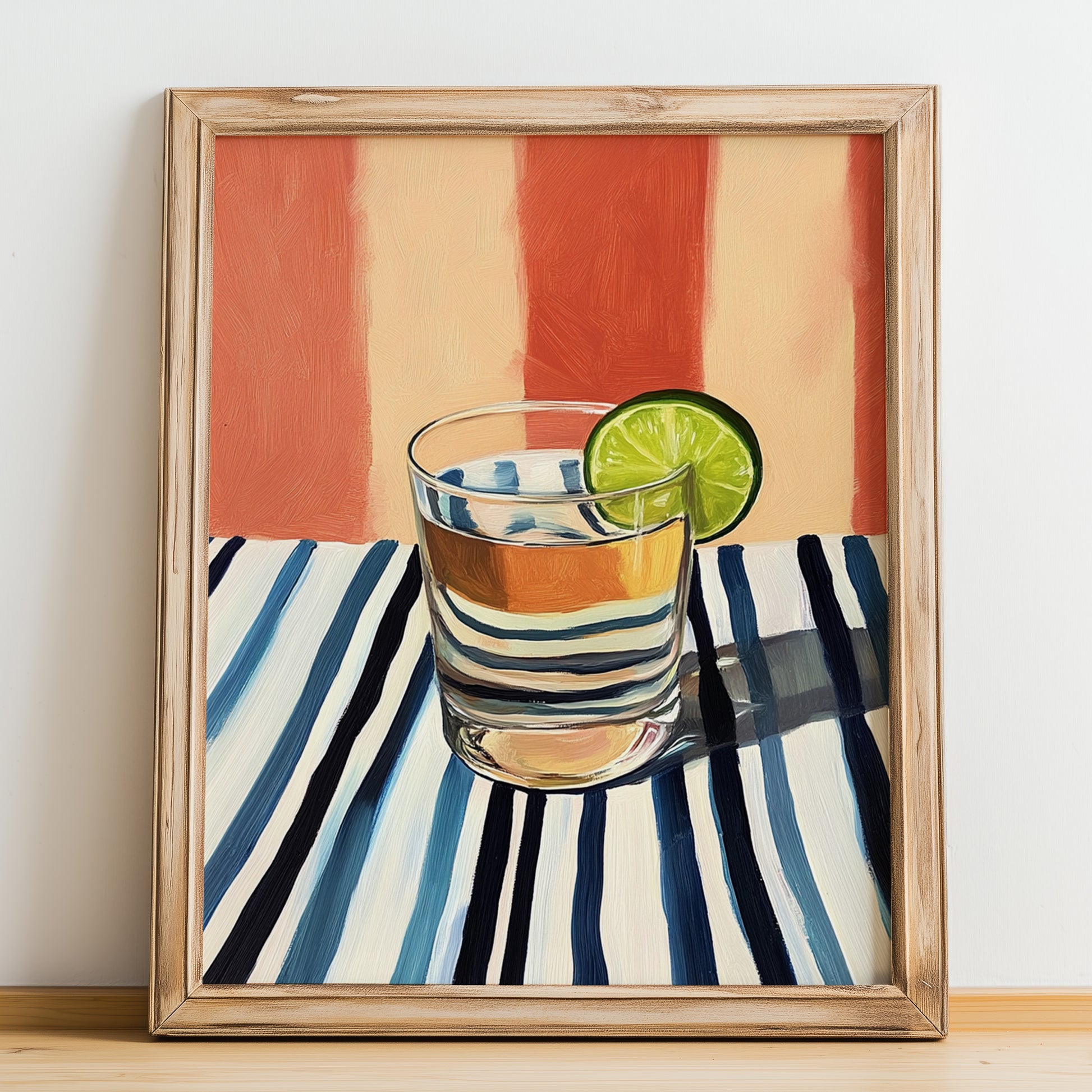 Cachaça – on Striped Tablecloth, Brazilian Beverage Wall Decor, no-text version framed in wood