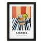 Cachaça – on Striped Tablecloth, Brazilian Beverage Wall Decor, in sleek black frame