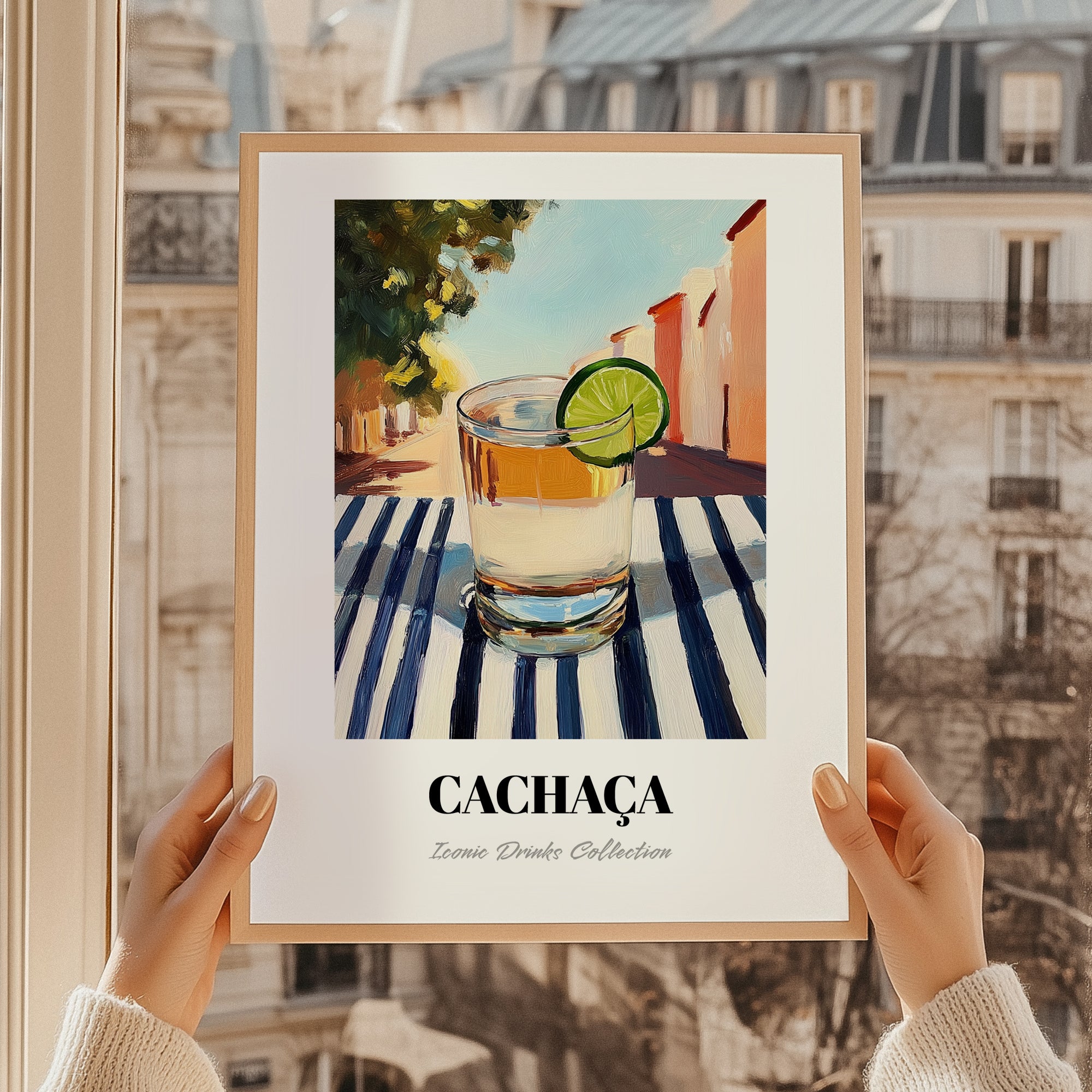 Cachaça – Brazilian Café on the Corner, Brazilian Spirit Print, styled in a charming Paris street view