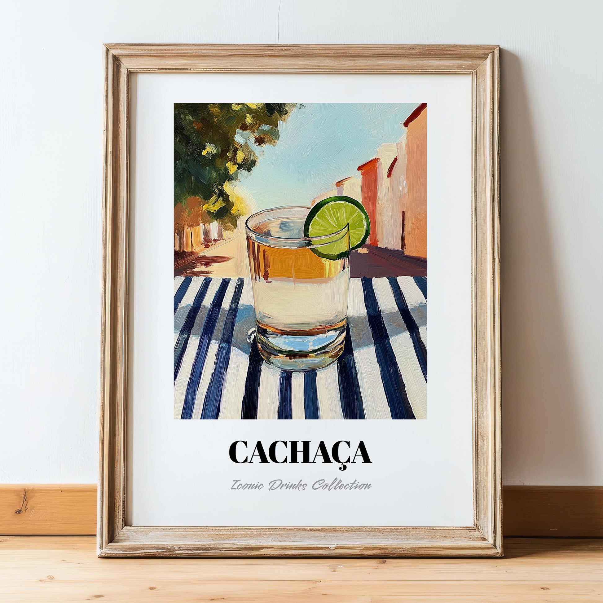 Cachaça – Brazilian Café on the Corner, Brazilian Spirit Print, in wooden frame leaning on the floor