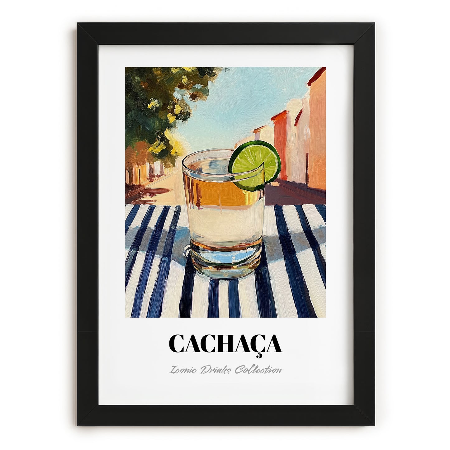 Cachaça – Brazilian Café on the Corner, Brazilian Spirit Print, in sleek black frame