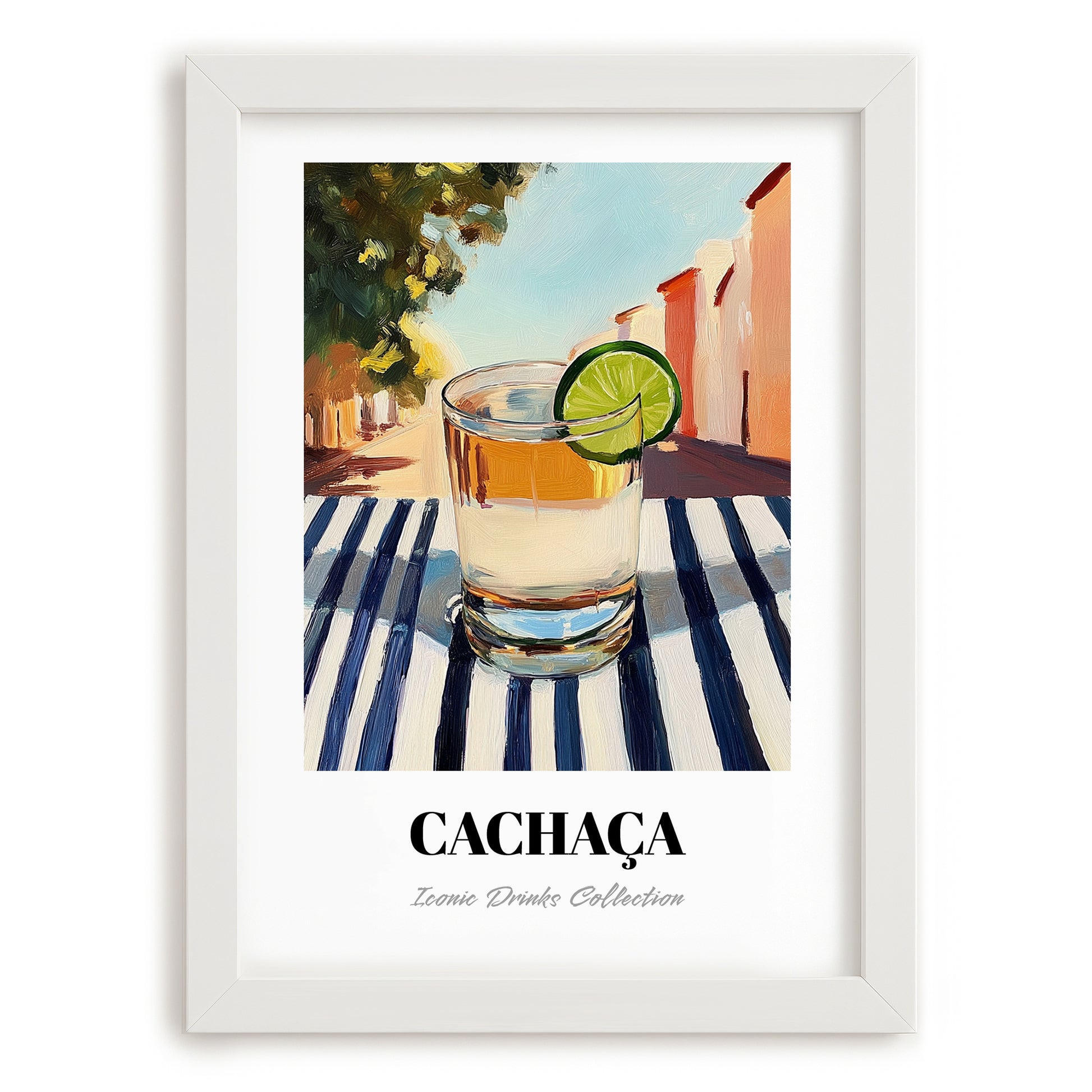 Cachaça – Brazilian Café on the Corner, Brazilian Spirit Print, placed in minimal white frame