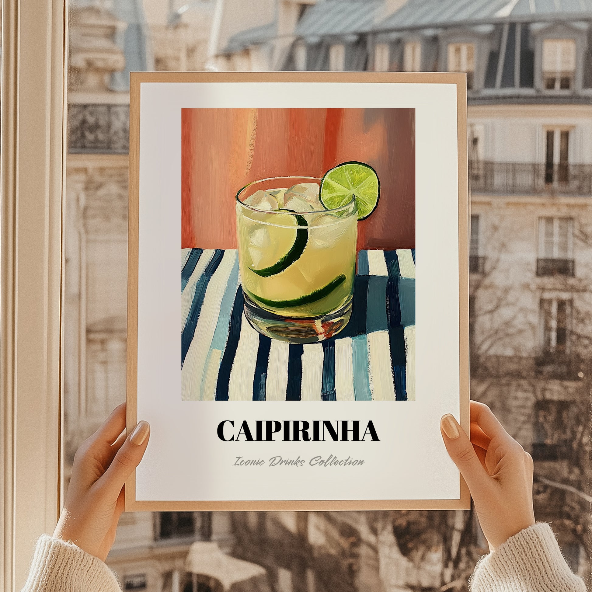 Caipirinha – on Striped Tablecloth, Brazilian Spirit Print, styled in a charming Paris street view