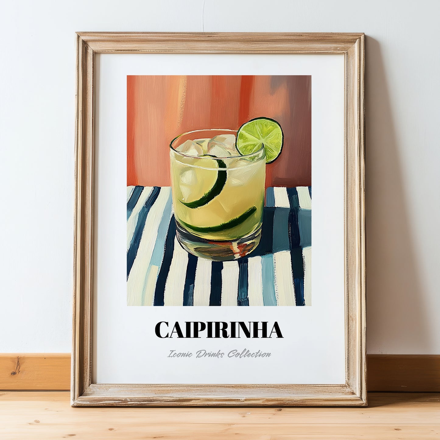 Caipirinha – on Striped Tablecloth, Brazilian Spirit Print, in wooden frame leaning on the floor
