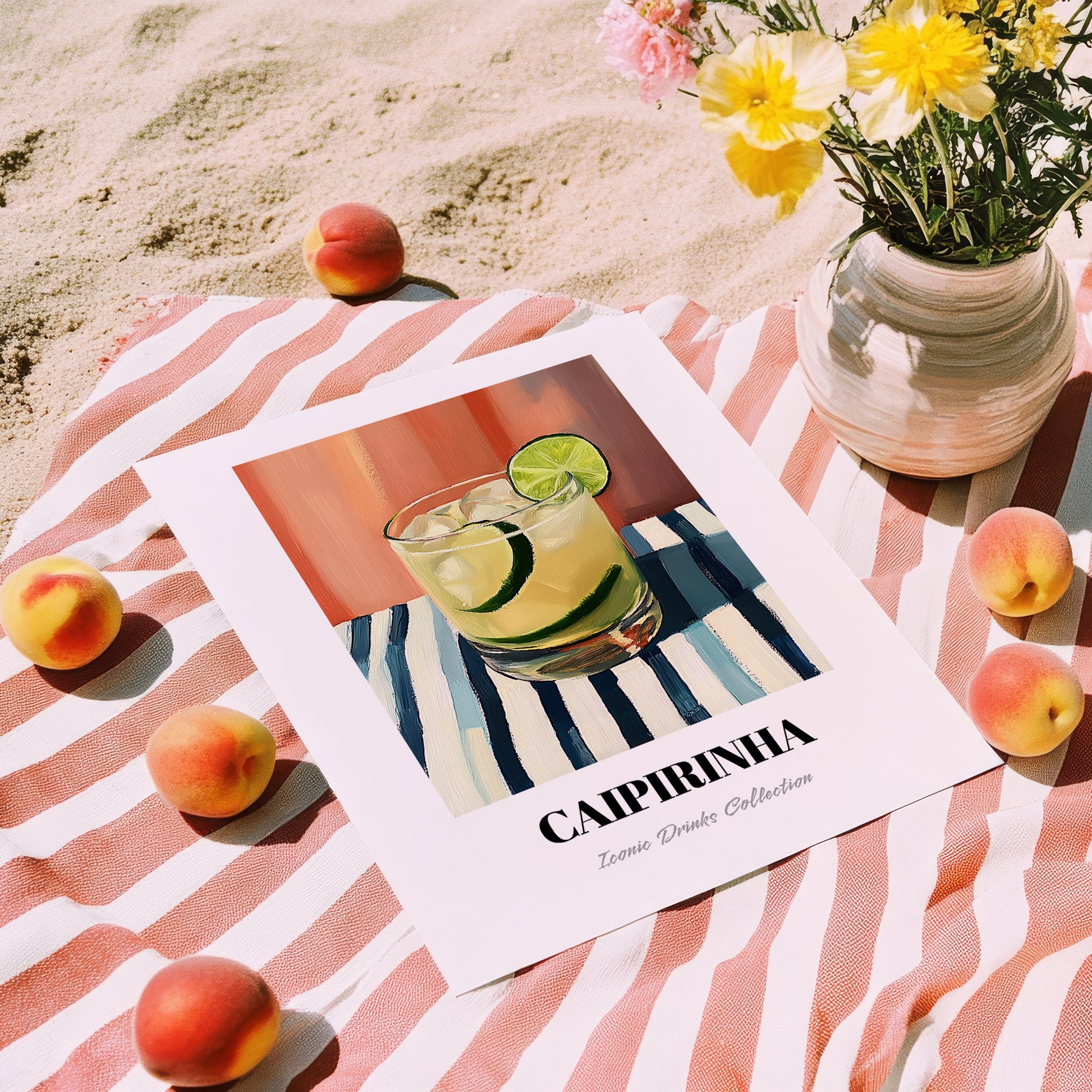 Caipirinha – on Striped Tablecloth, Brazilian Spirit Print, unframed on coastal sand
