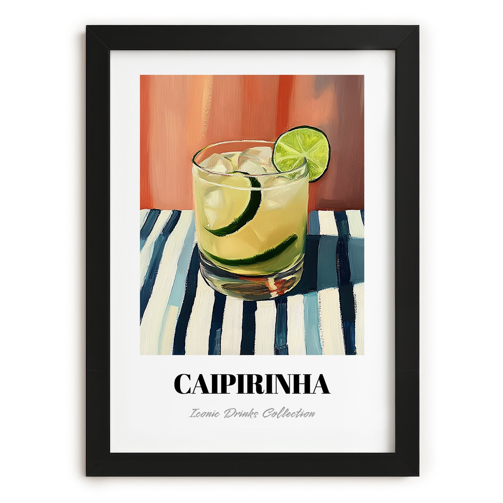 Caipirinha – on Striped Tablecloth, Brazilian Spirit Print, in sleek black frame