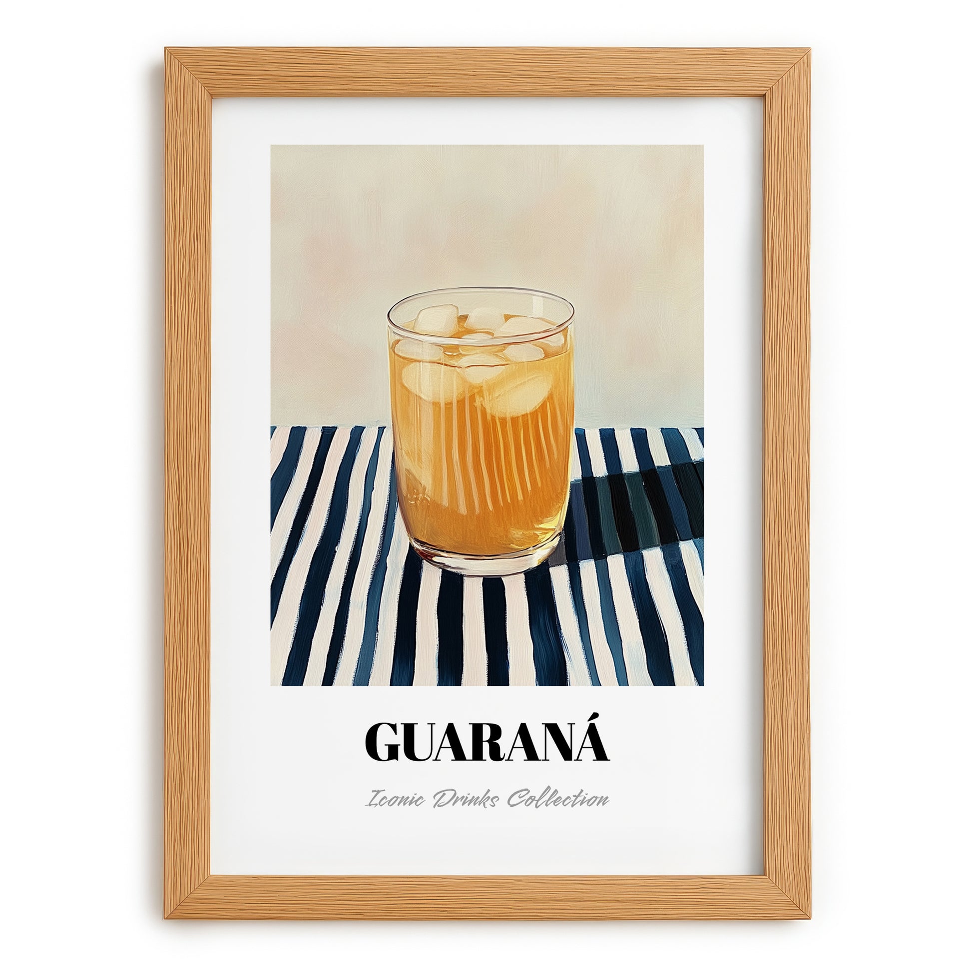 Guaraná – on Striped Tablecloth, Brazilian Cocktail Illustration, set in oak frame