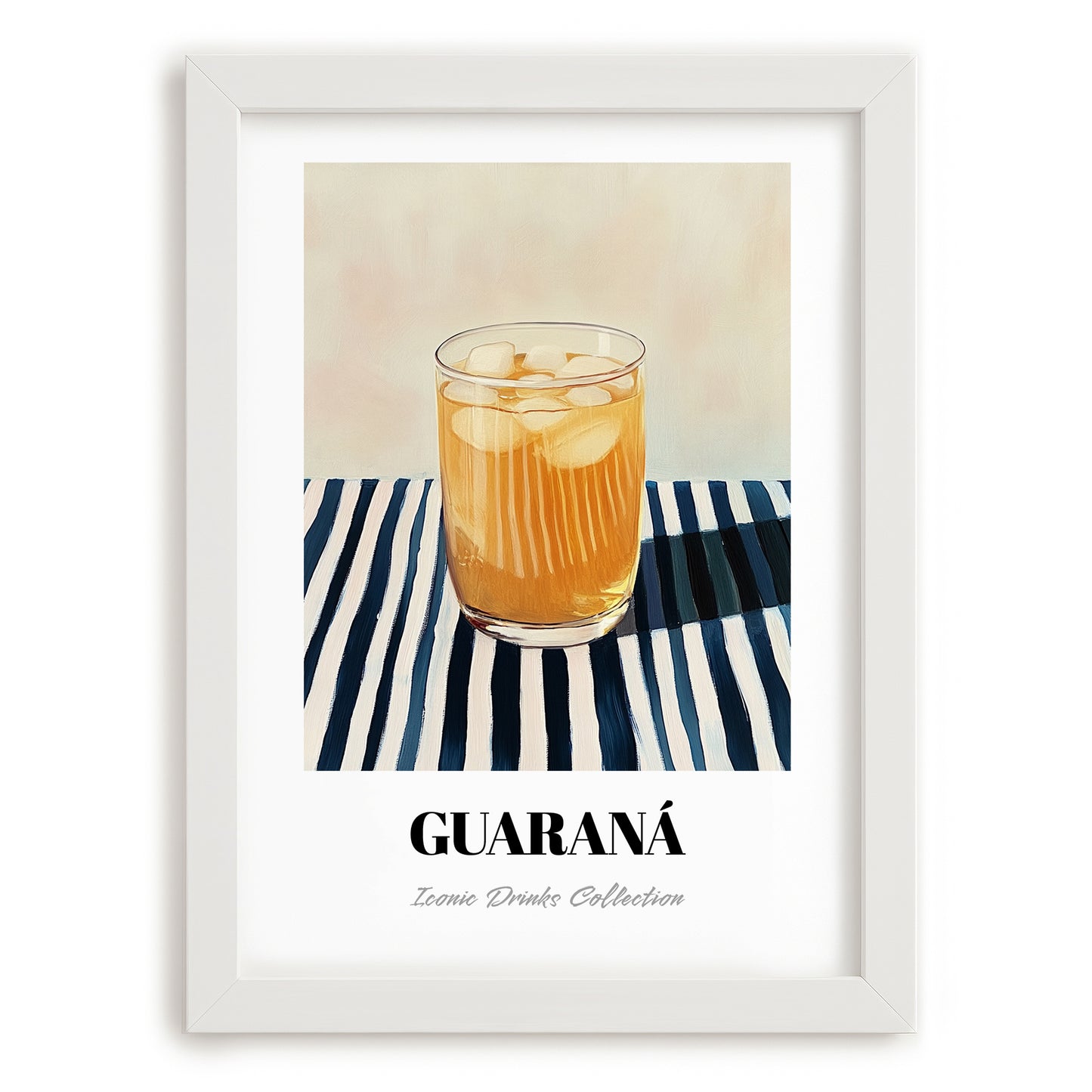 Guaraná – on Striped Tablecloth, Brazilian Cocktail Illustration, placed in minimal white frame