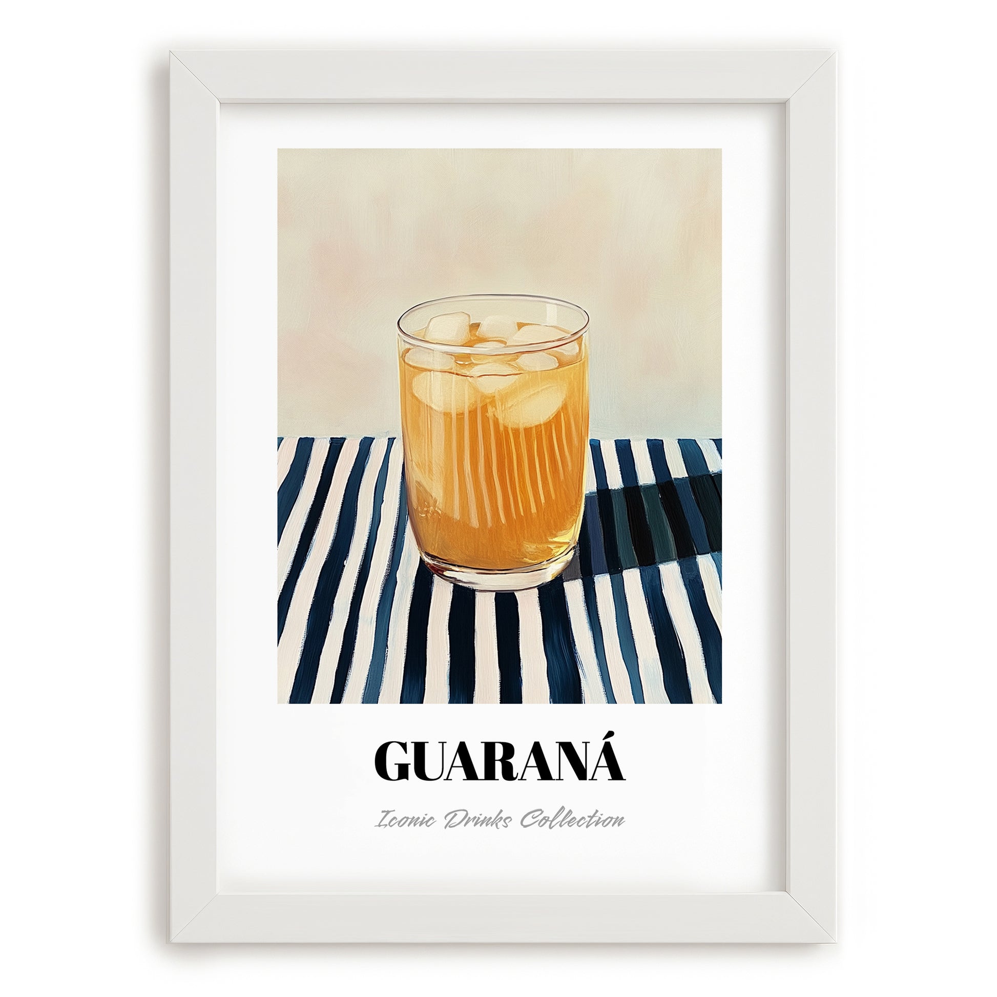 Guaraná – on Striped Tablecloth, Brazilian Cocktail Illustration, placed in minimal white frame