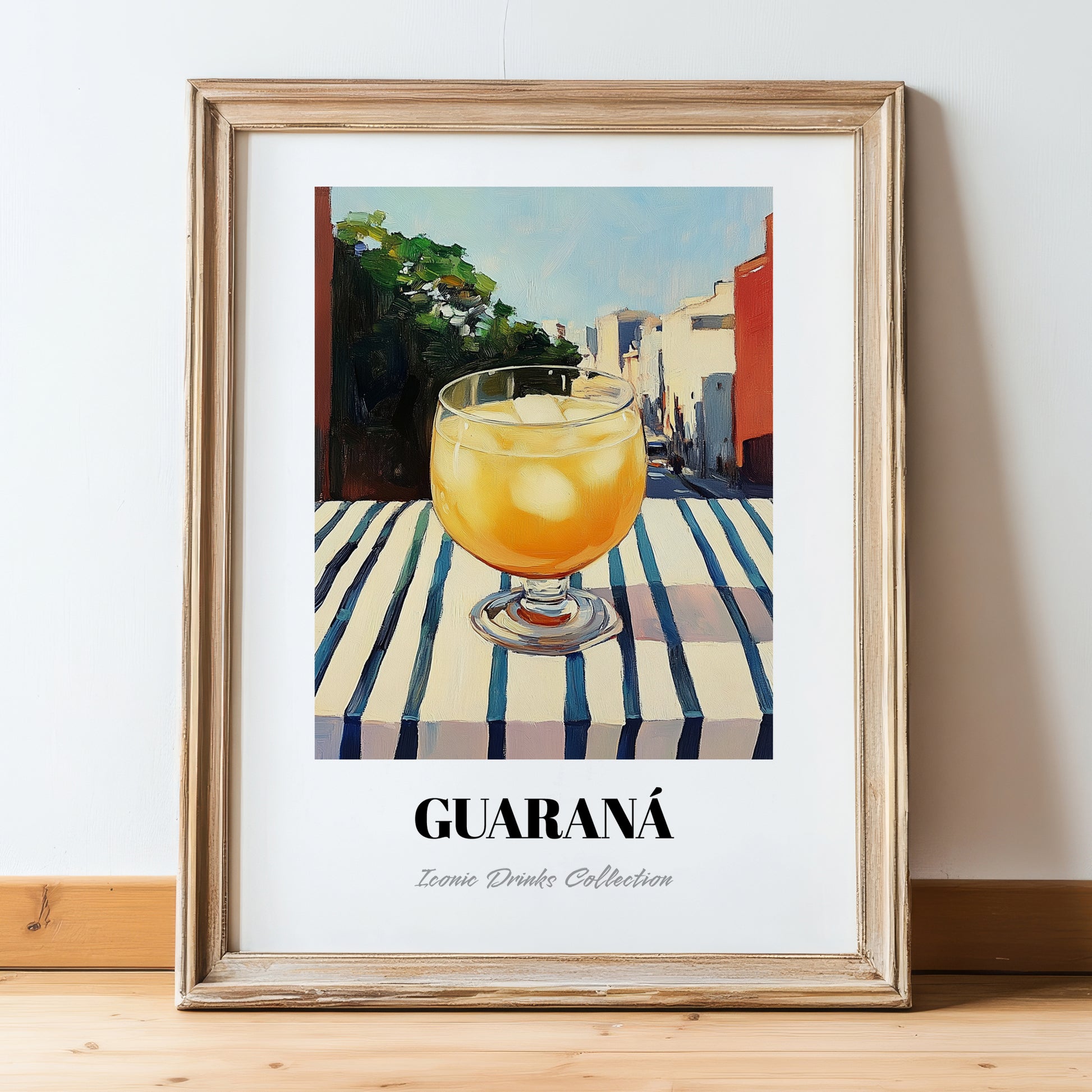 Guaraná – Brazilian Street Café Scene, Brazilian Beverage Wall Decor, in wooden frame leaning on the floor