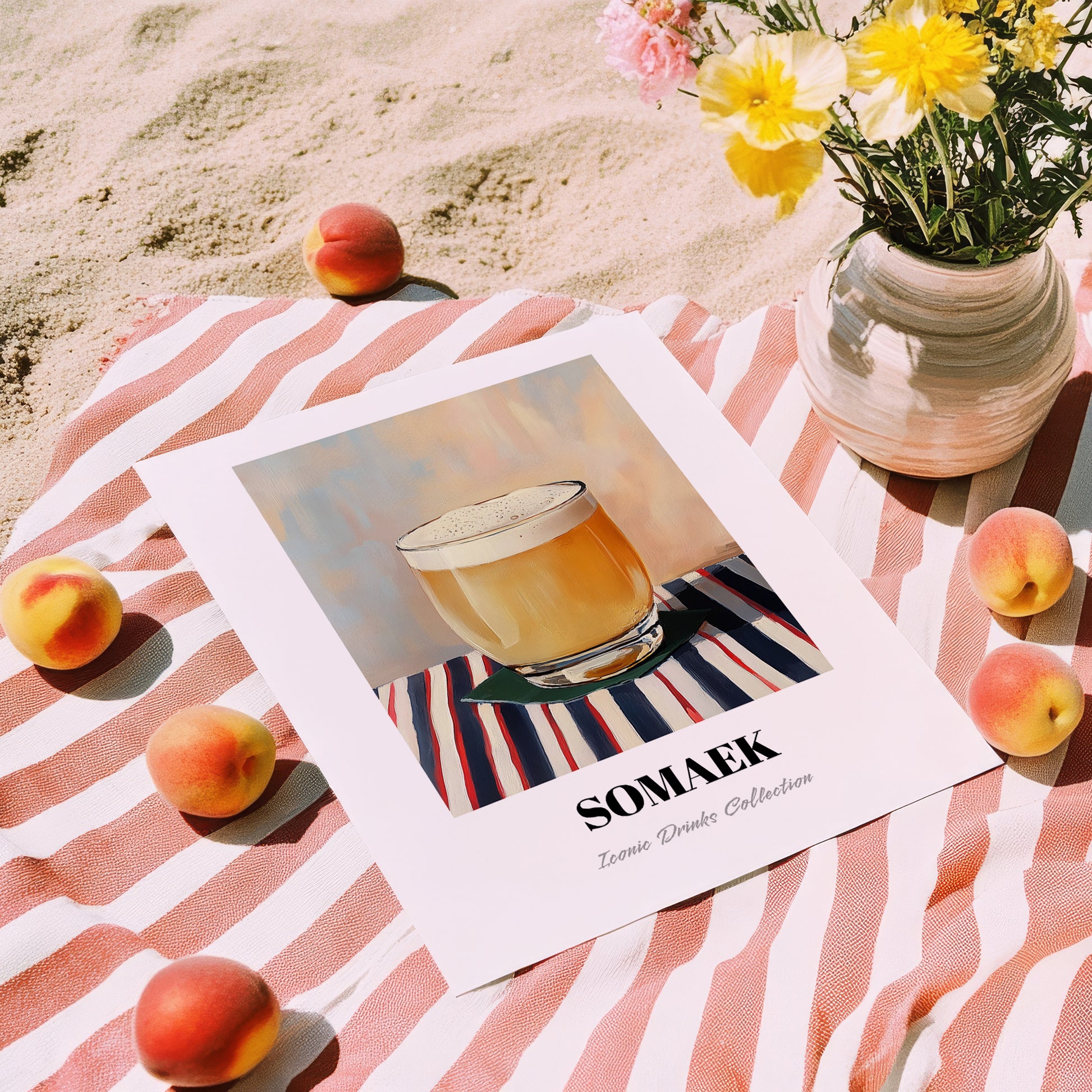 Somaek – on Striped Tablecloth, Korean Cocktail Wall Decor, unframed on coastal sand
