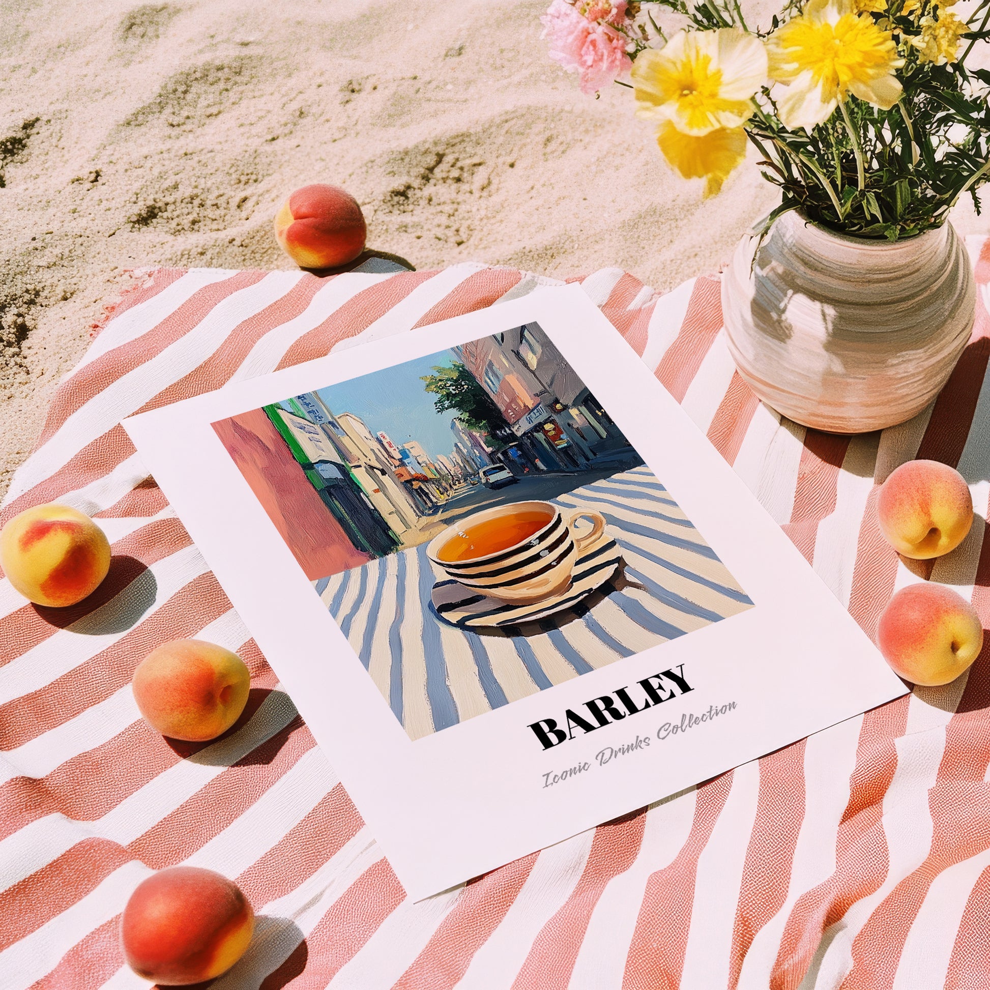 Barley – Korean Café on the Corner, Korean Beer Still Life, unframed on coastal sand