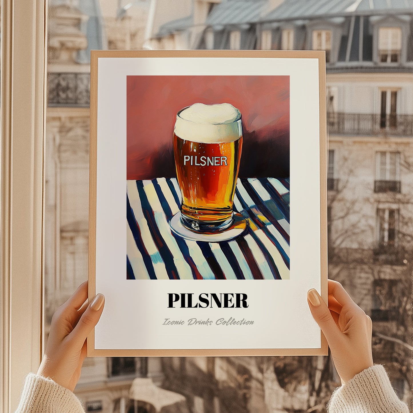 Pilsner – on Striped Tablecloth, Czech Beer Print, styled in a charming Paris street view