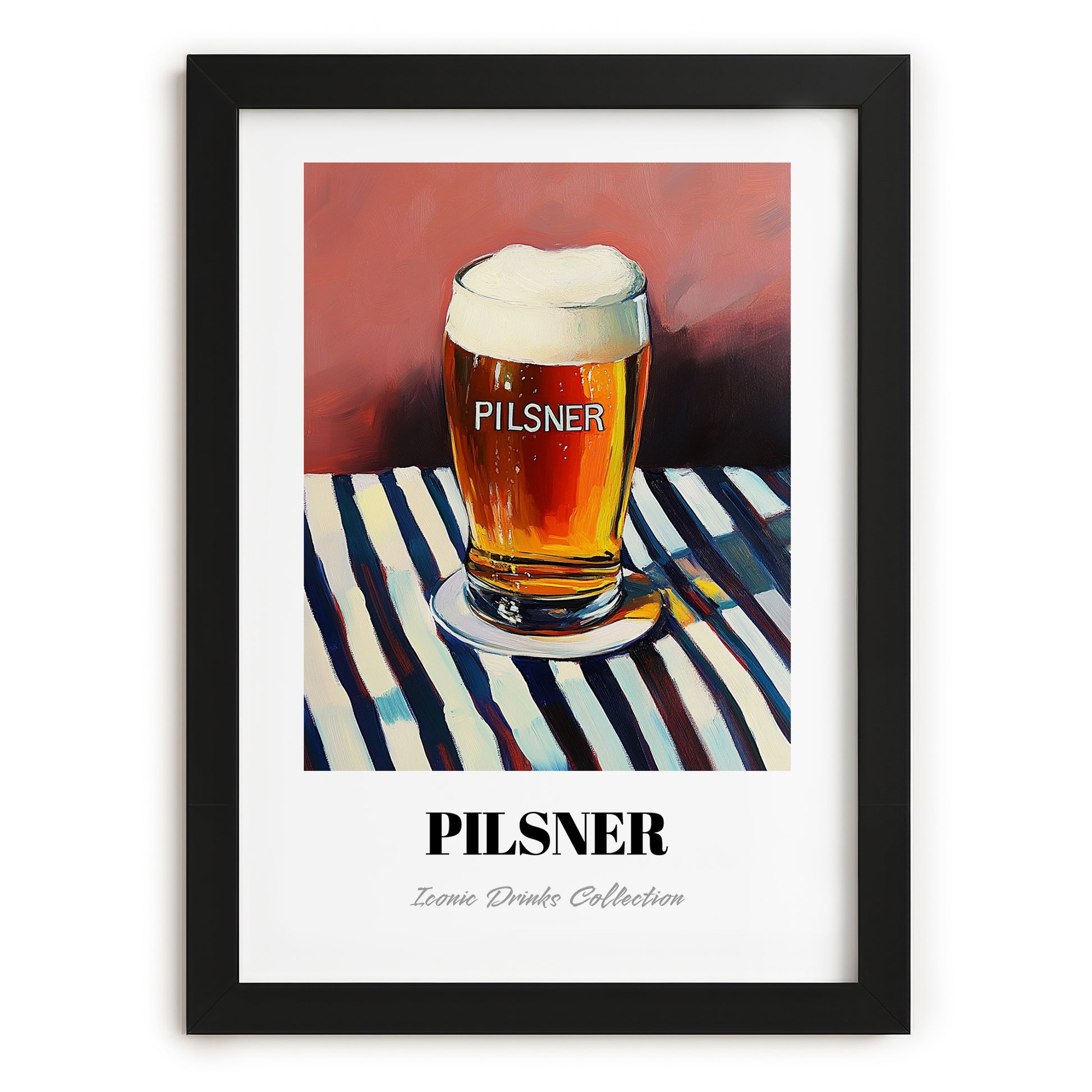 Pilsner – on Striped Tablecloth, Czech Beer Print, in sleek black frame