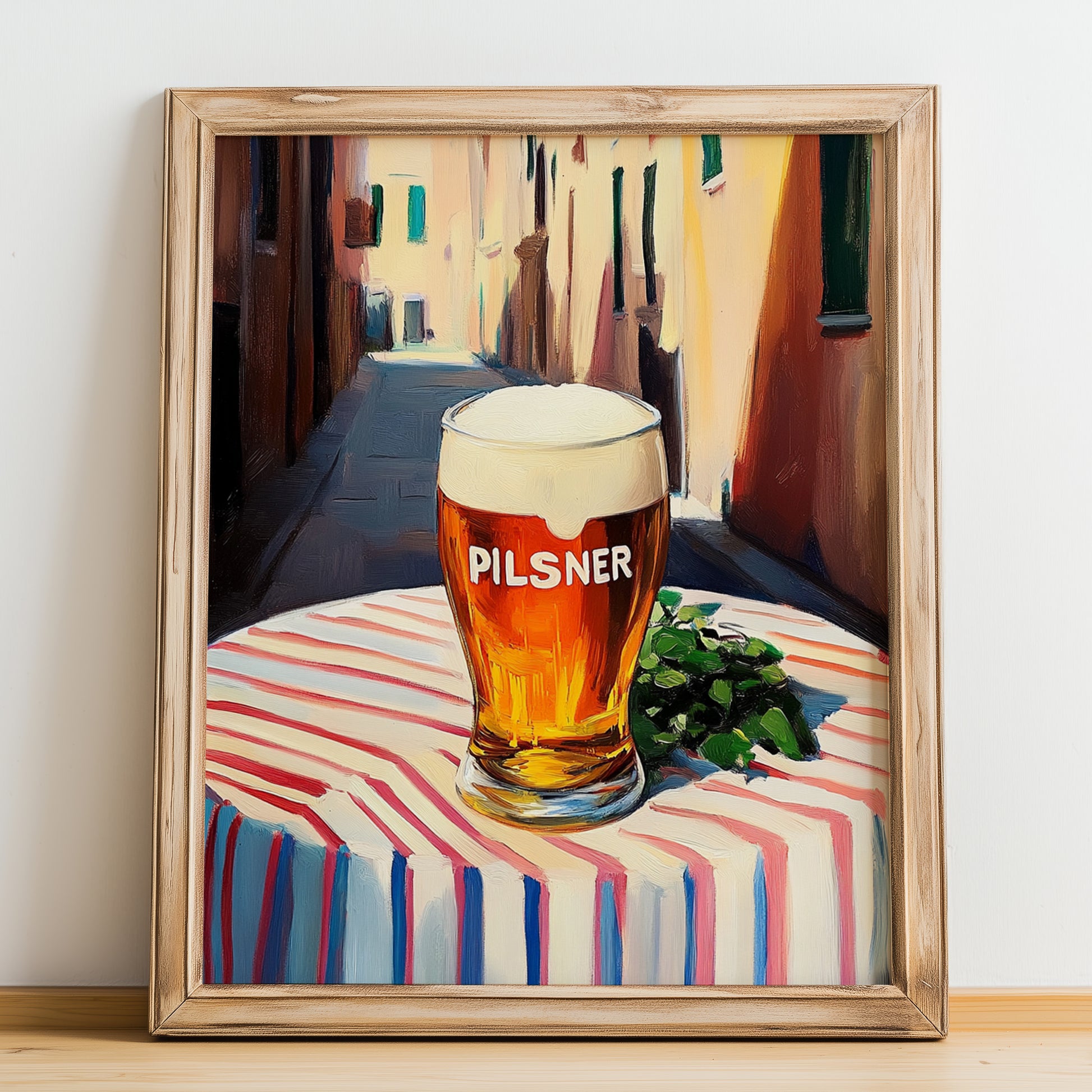 Pilsner – Czech Café on the Corner, Czech Beer Art, no-text version framed in wood