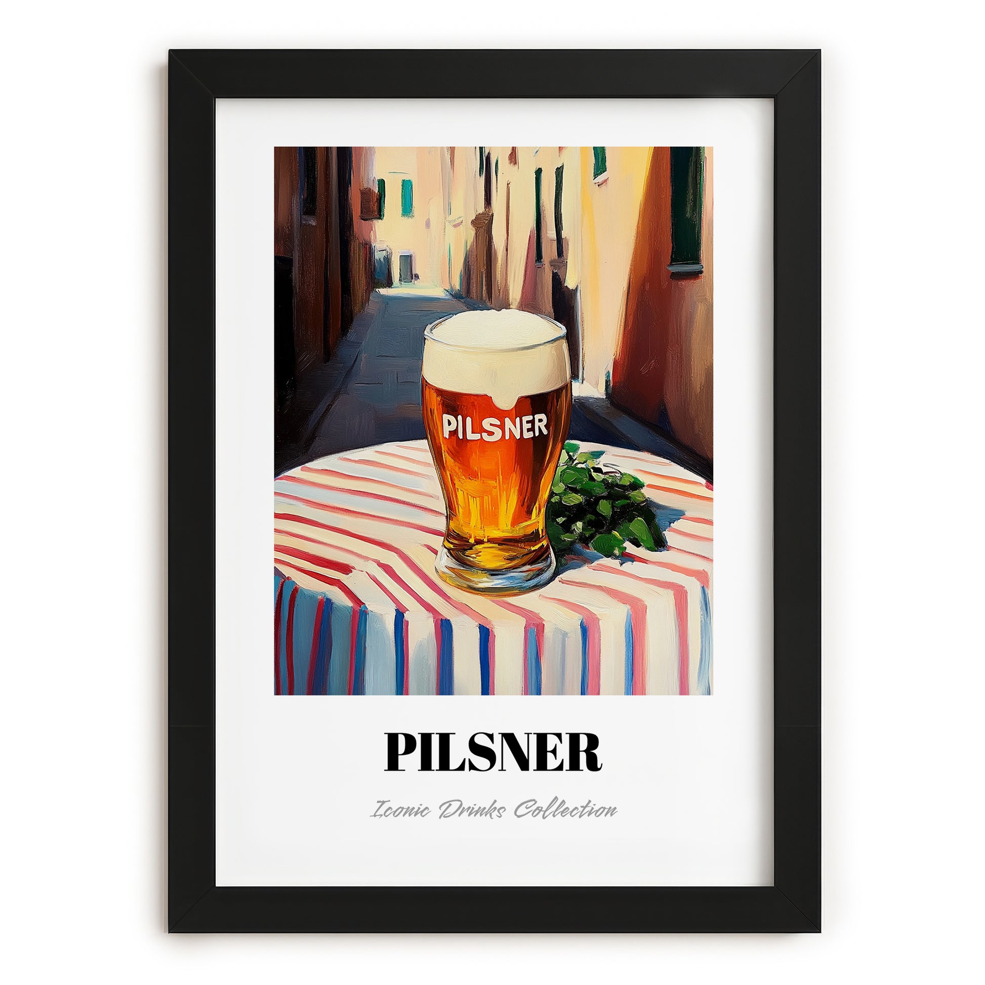 Pilsner – Czech Café on the Corner, Czech Beer Art, in sleek black frame