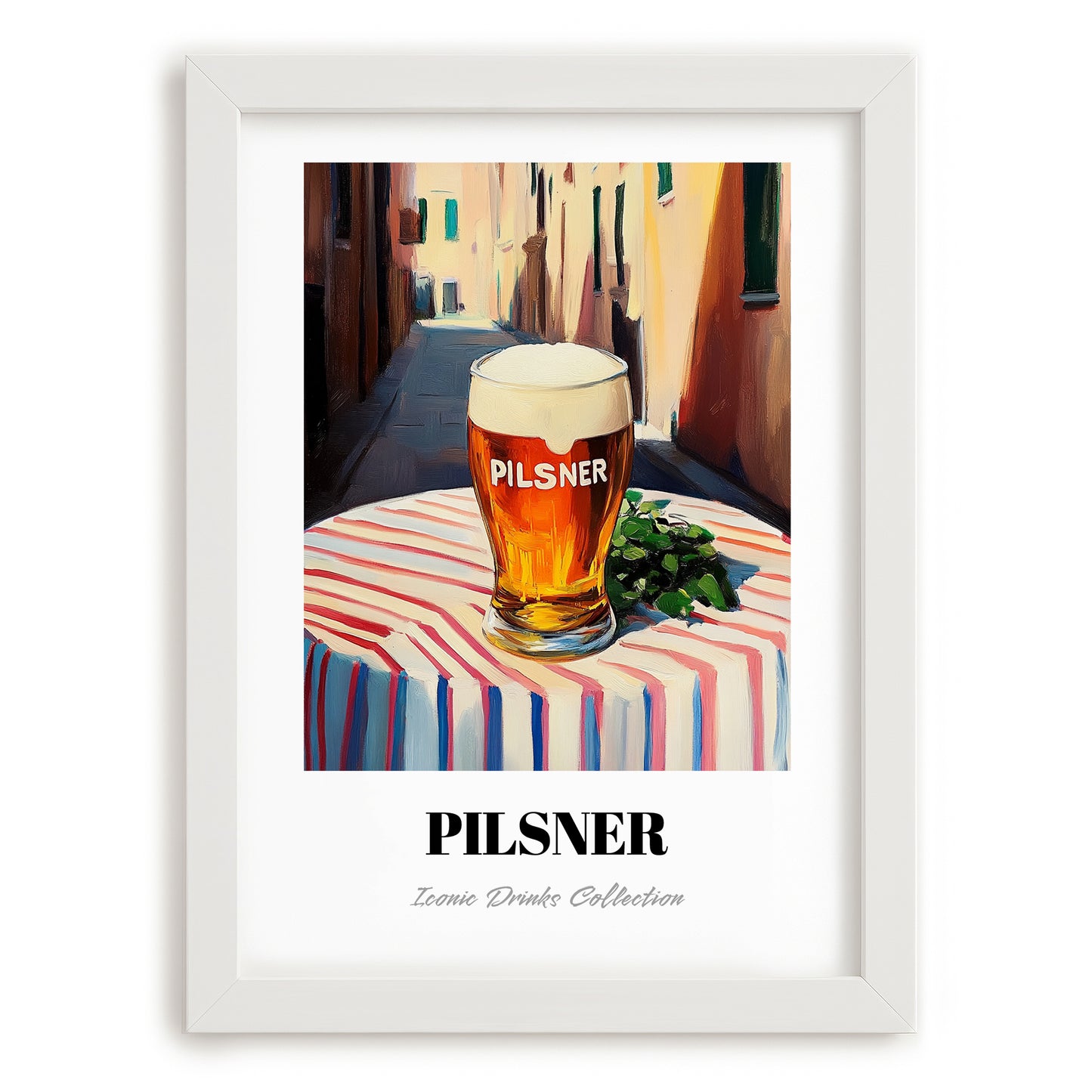 Pilsner – Czech Café on the Corner, Czech Beer Art, placed in minimal white frame