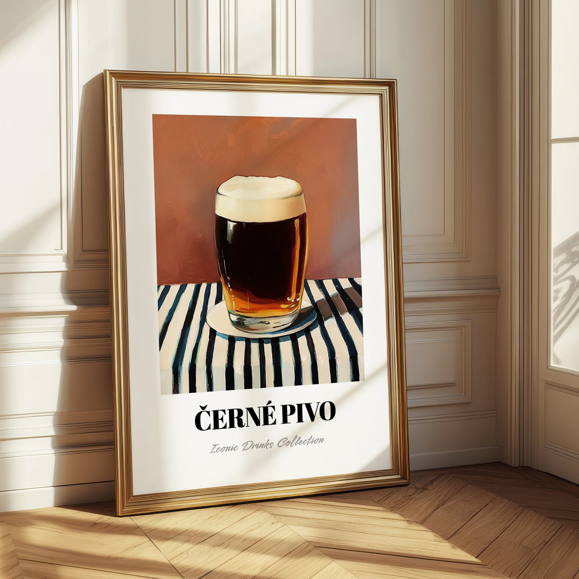 Černé Pivo – on Striped Tablecloth, Czech Beer Wall Art