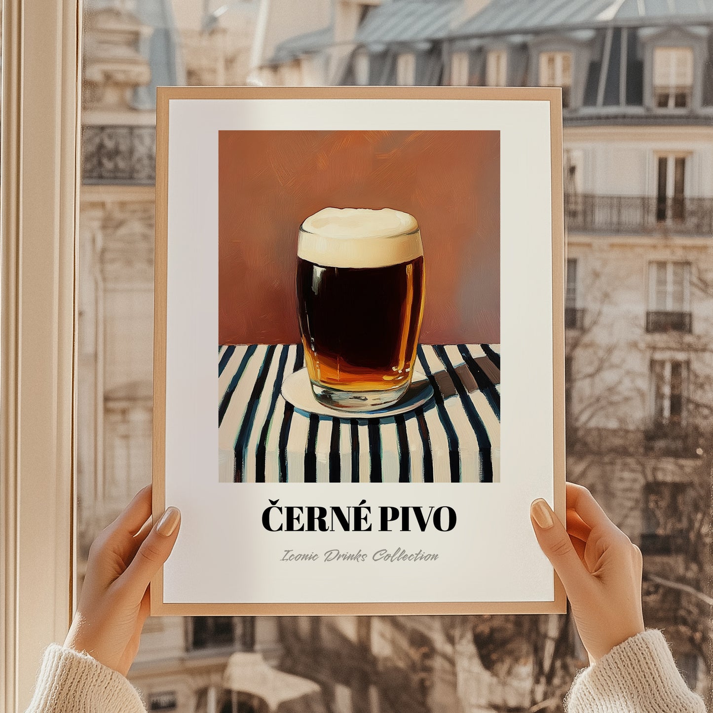 Černé Pivo – on Striped Tablecloth, Czech Beer Wall Art, styled in a charming Paris street view
