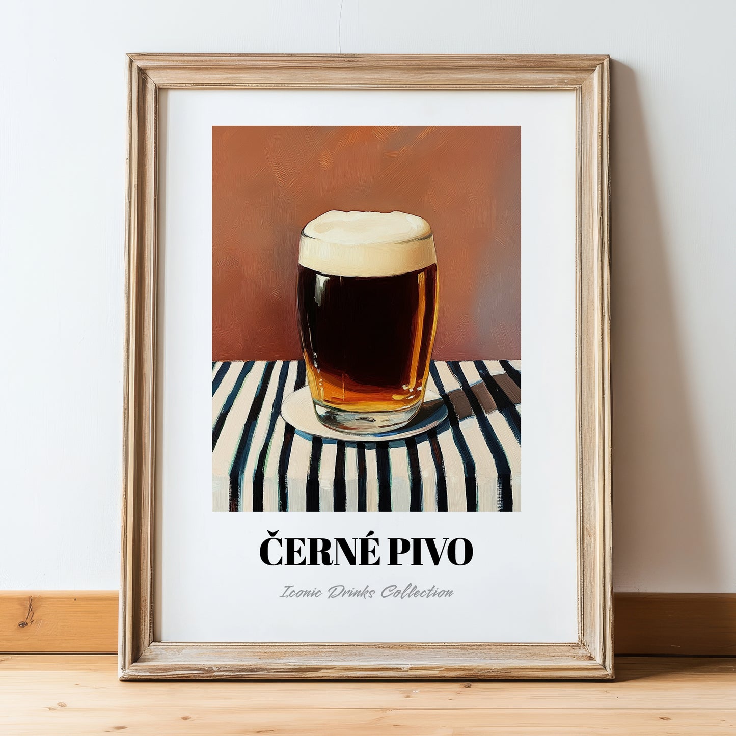 Černé Pivo – on Striped Tablecloth, Czech Beer Wall Art, in wooden frame leaning on the floor