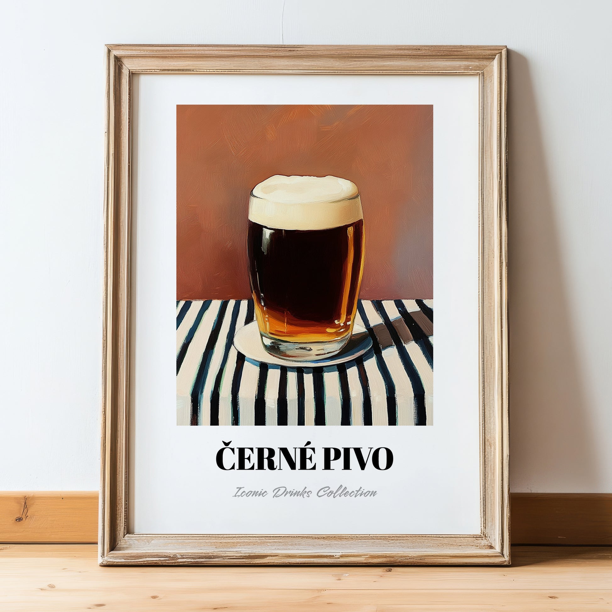Černé Pivo – on Striped Tablecloth, Czech Beer Wall Art, in wooden frame leaning on the floor