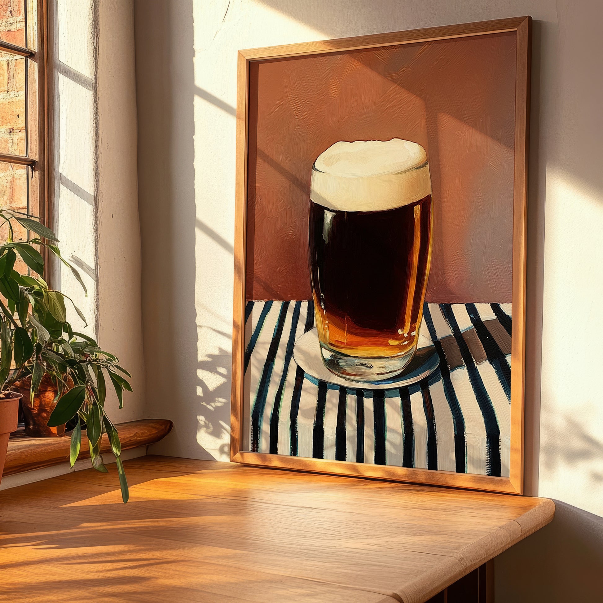 Černé Pivo – on Striped Tablecloth, Czech Beer Wall Art, clean layout with no caption