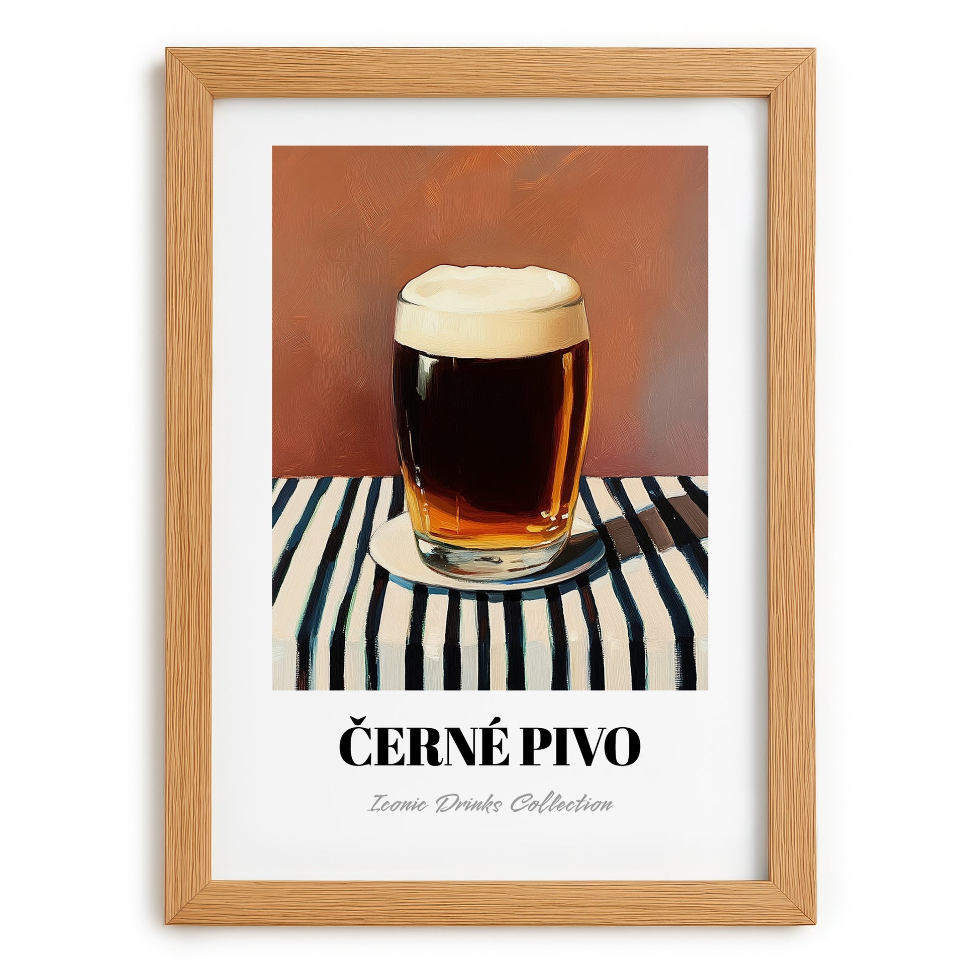 Černé Pivo – on Striped Tablecloth, Czech Beer Wall Art, set in oak frame