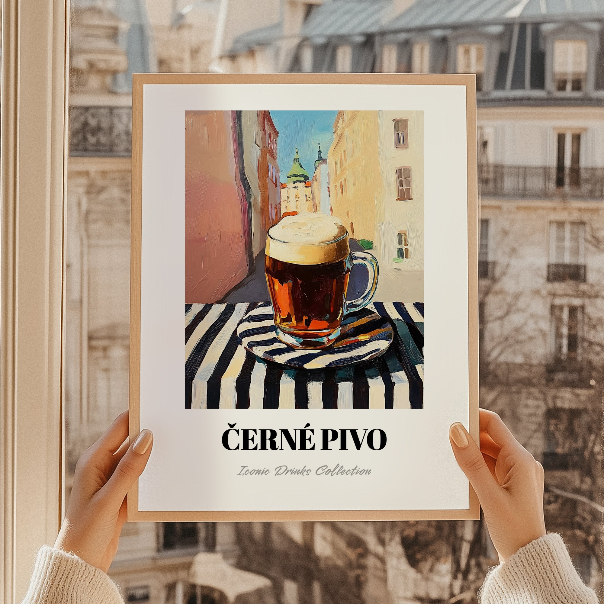 Černé Pivo – Czech Outdoor Café Scene, Czech Spirit Wall Print, styled in a charming Paris street view