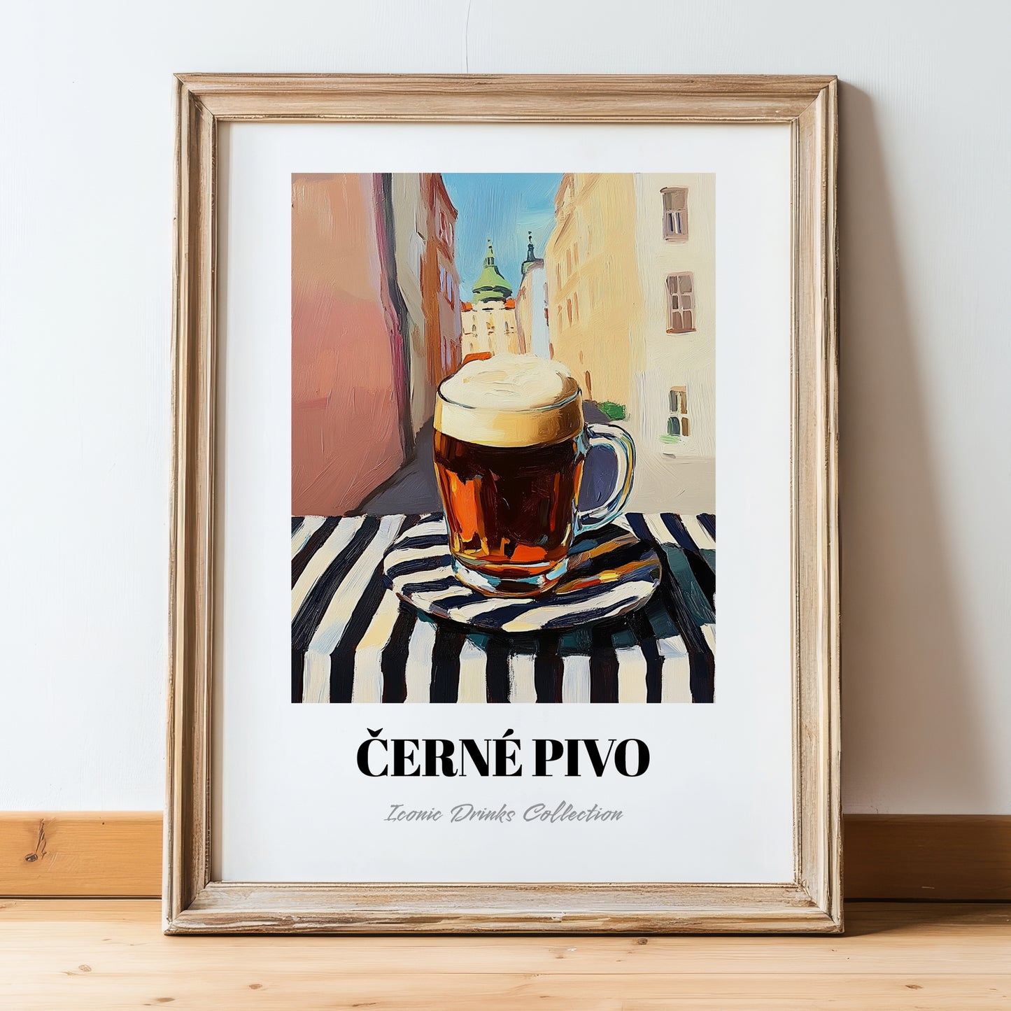Černé Pivo – Czech Outdoor Café Scene, Czech Spirit Wall Print, in wooden frame leaning on the floor