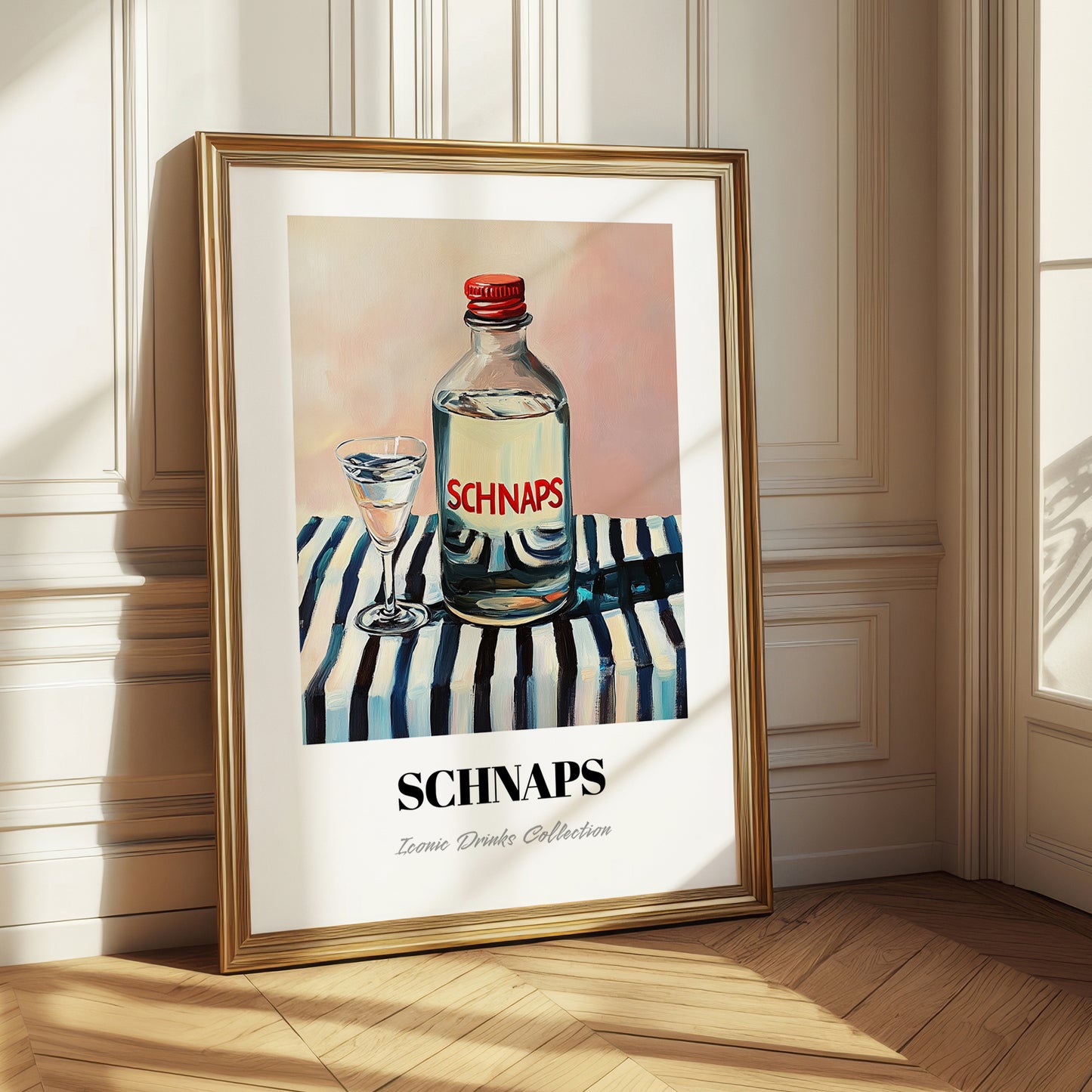 Schnaps – on Striped Tablecloth, Austrian Beer Still Life