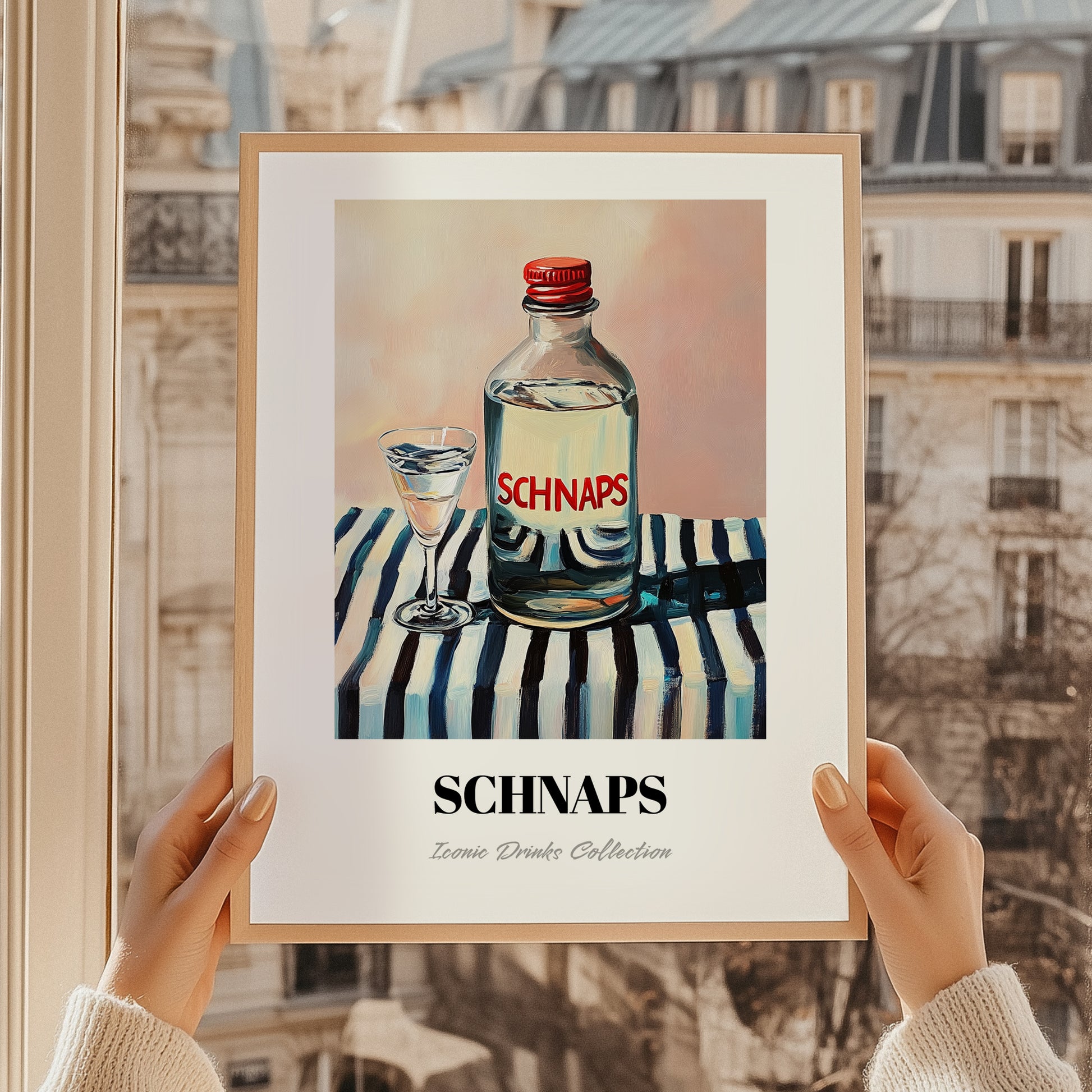 Schnaps – on Striped Tablecloth, Austrian Beer Still Life, styled in a charming Paris street view