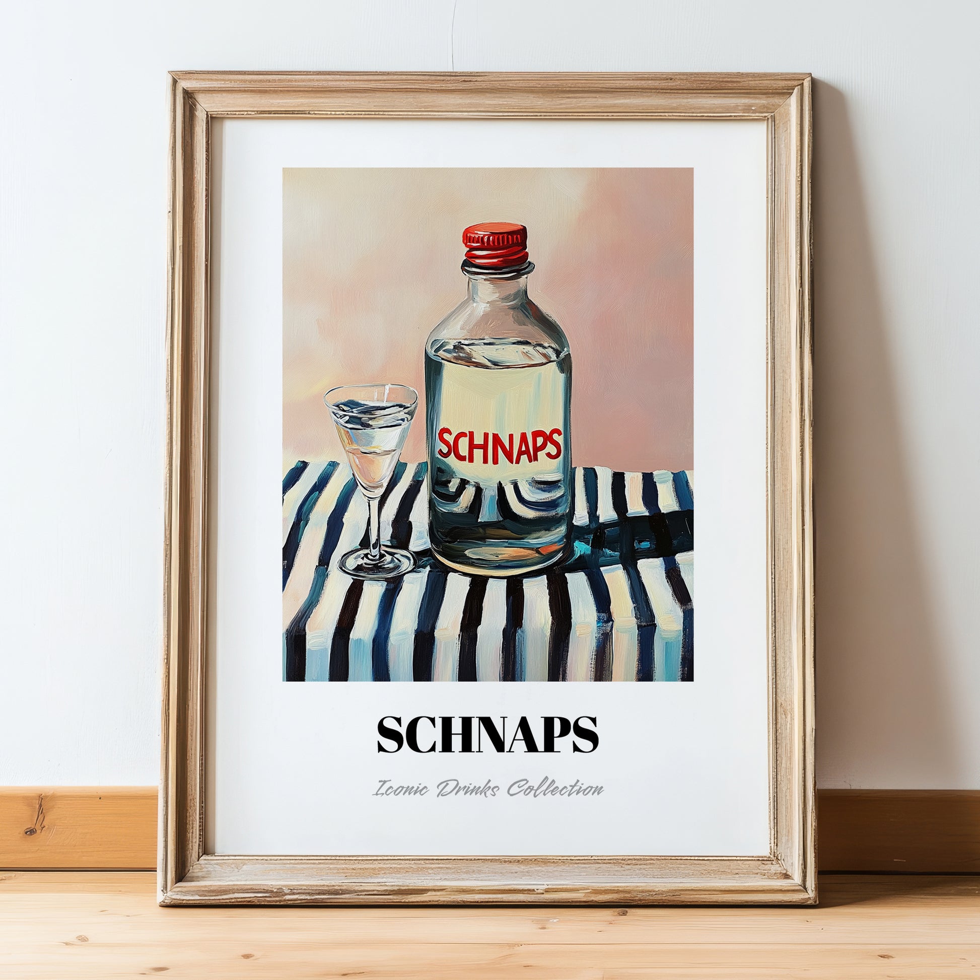 Schnaps – on Striped Tablecloth, Austrian Beer Still Life, in wooden frame leaning on the floor