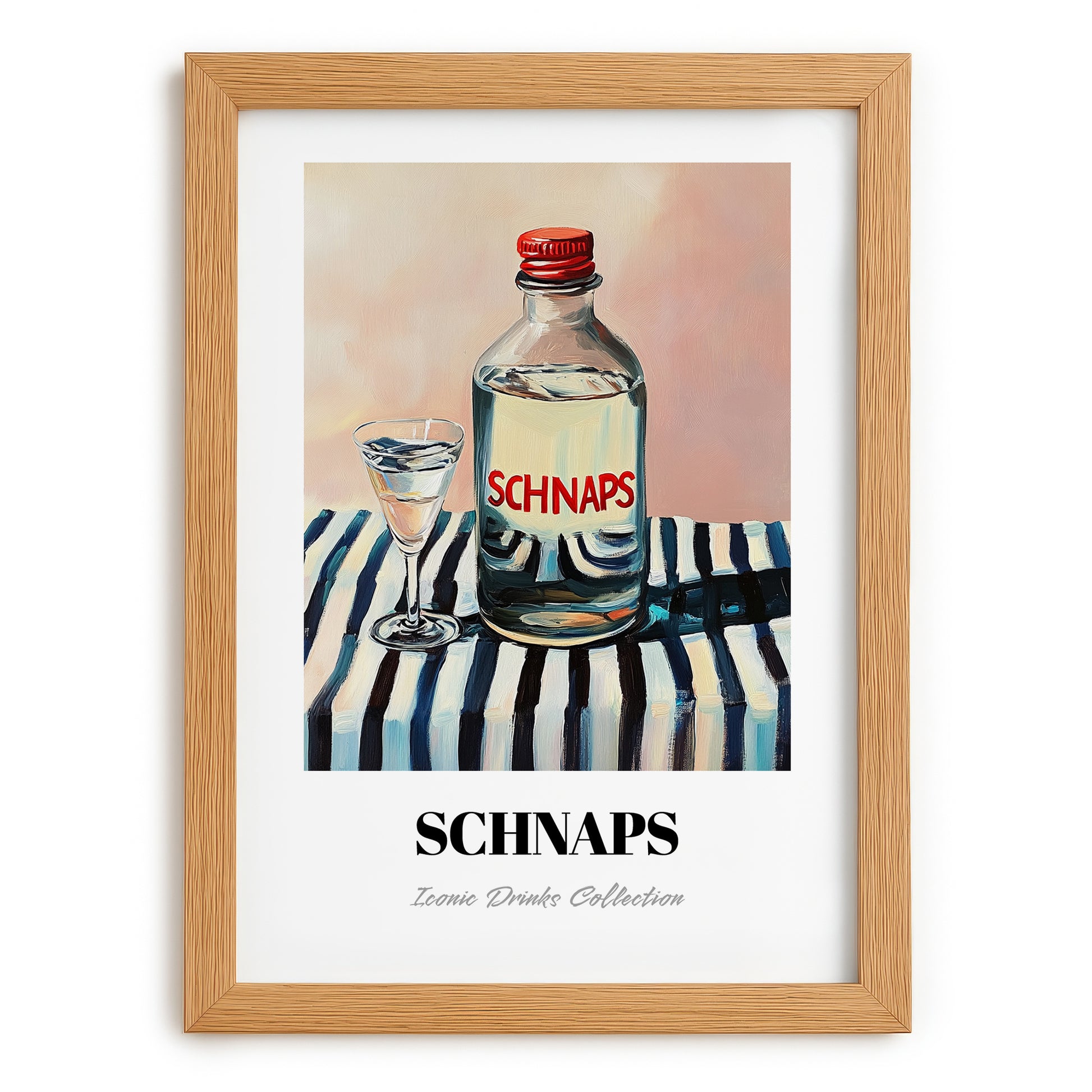 Schnaps – on Striped Tablecloth, Austrian Beer Still Life, set in oak frame