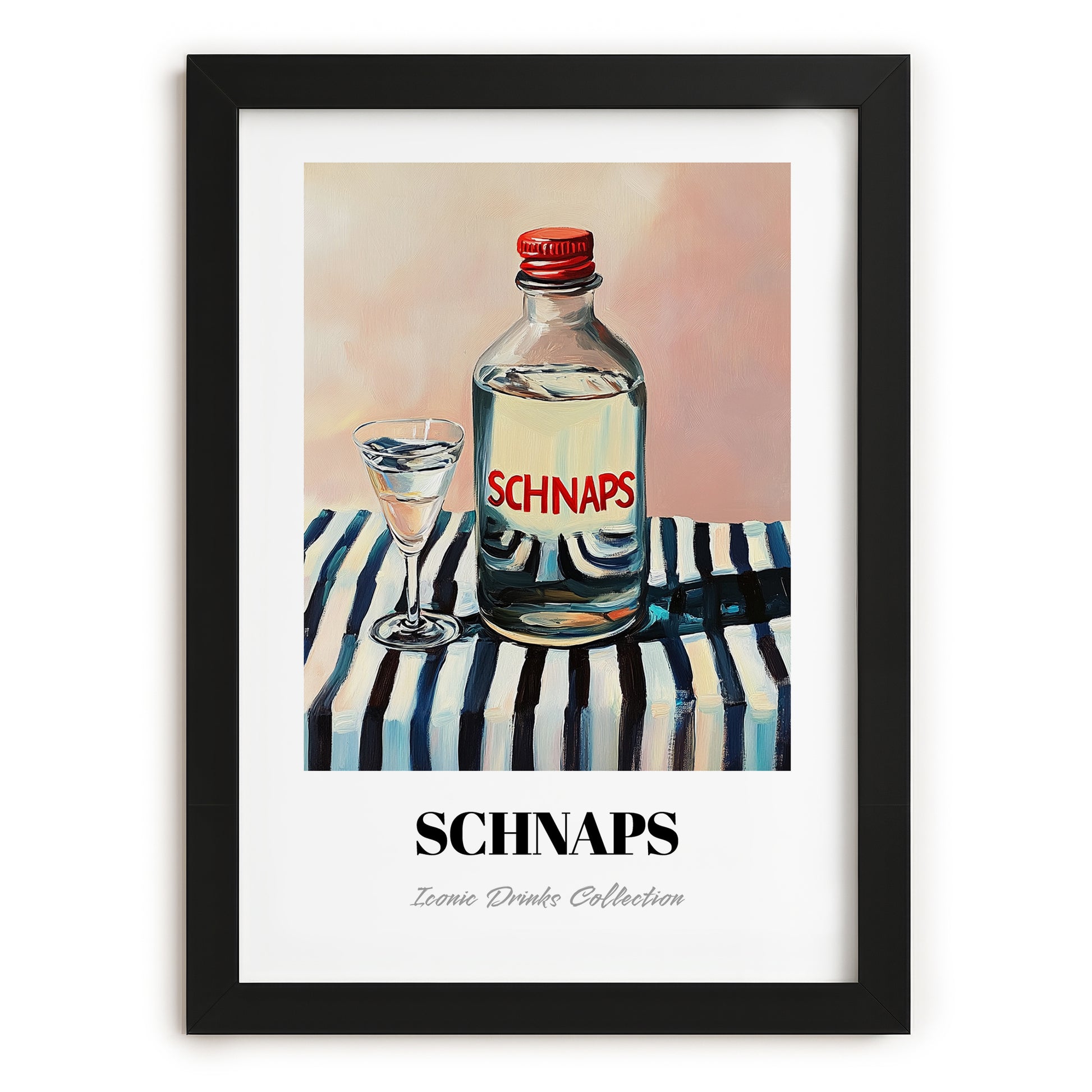 Schnaps – on Striped Tablecloth, Austrian Beer Still Life, in sleek black frame