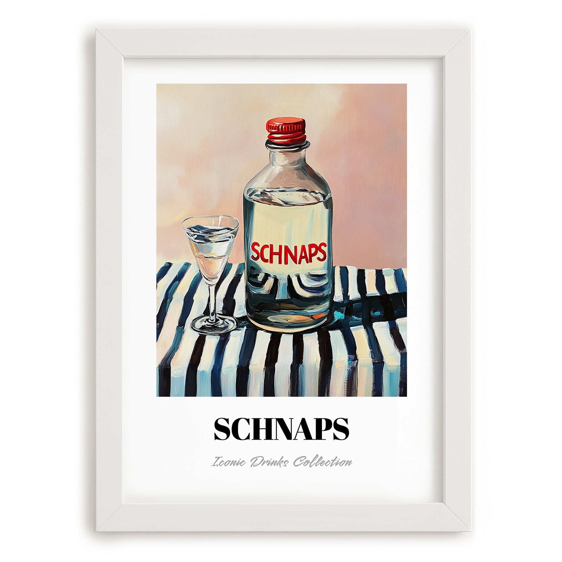 Schnaps – on Striped Tablecloth, Austrian Beer Still Life, placed in minimal white frame