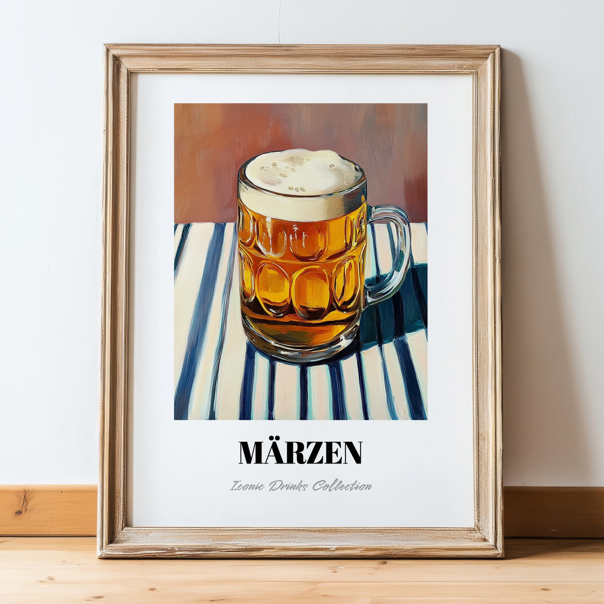 Märzen – on Striped Tablecloth, Austrian Beer Wall Decor, in wooden frame leaning on the floor