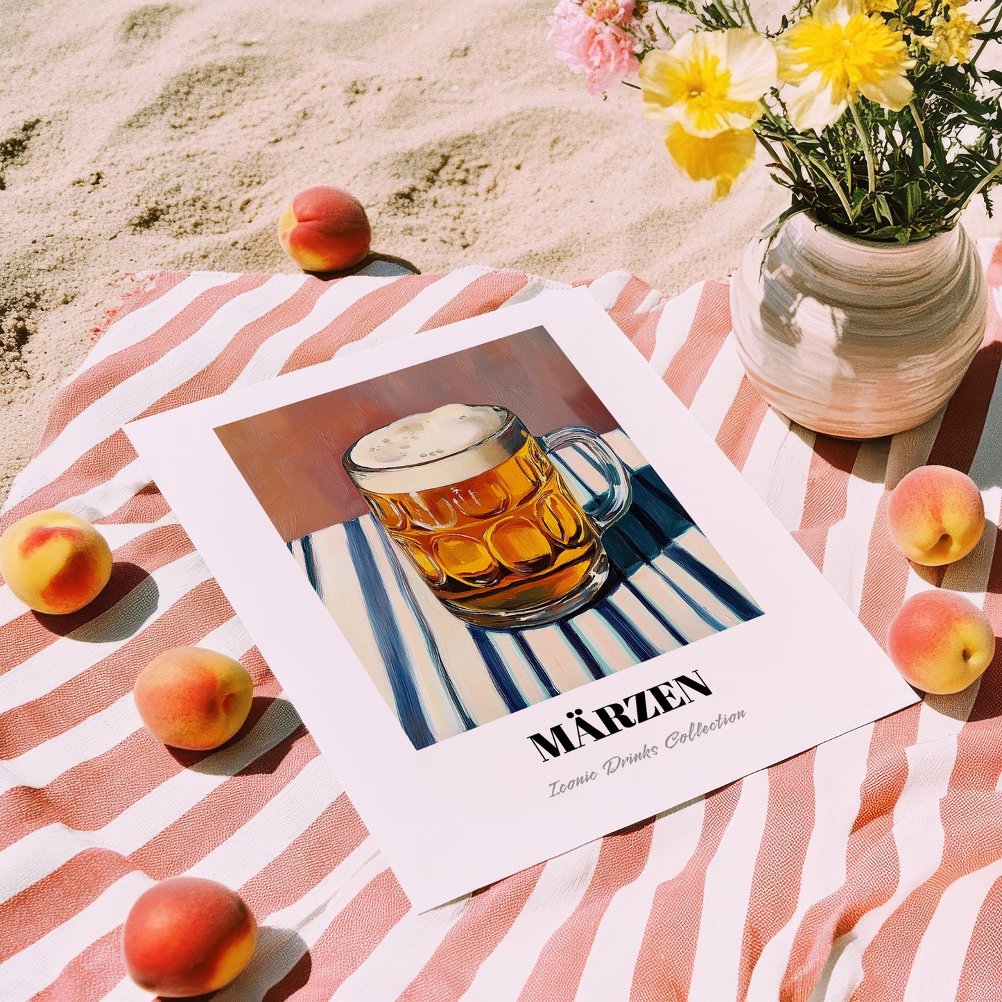 Märzen – on Striped Tablecloth, Austrian Beer Wall Decor, unframed on coastal sand