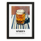 Märzen – on Striped Tablecloth, Austrian Beer Wall Decor, in sleek black frame