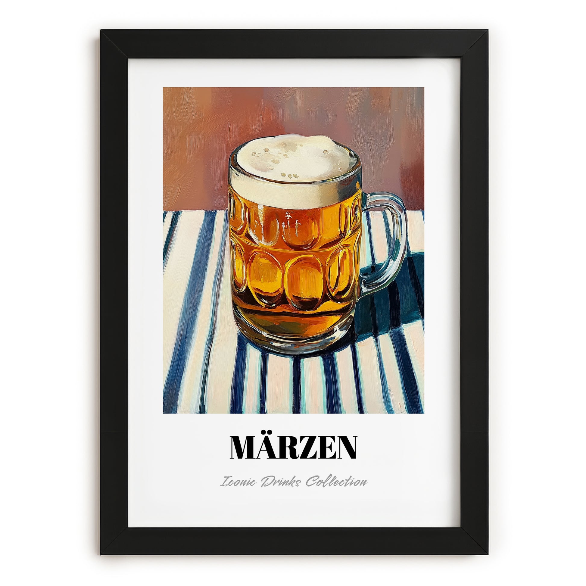 Märzen – on Striped Tablecloth, Austrian Beer Wall Decor, in sleek black frame